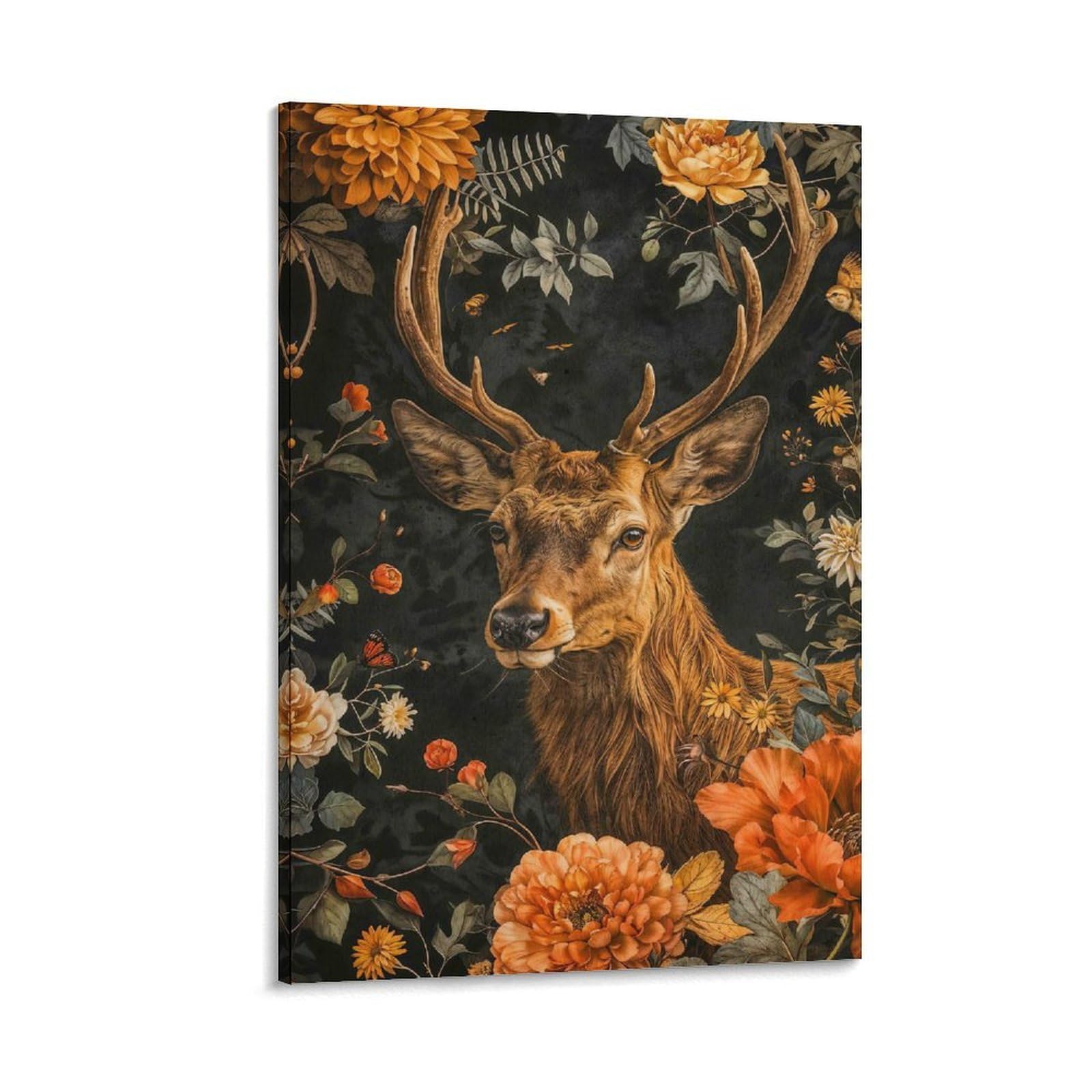 DHBANEIOK Deer with Flowers Poster Artwork Canvas Prints Picture Modern Wall Art Picture Wall Hanging for Living Room Home Decorations 20x30inch(50x75cm)