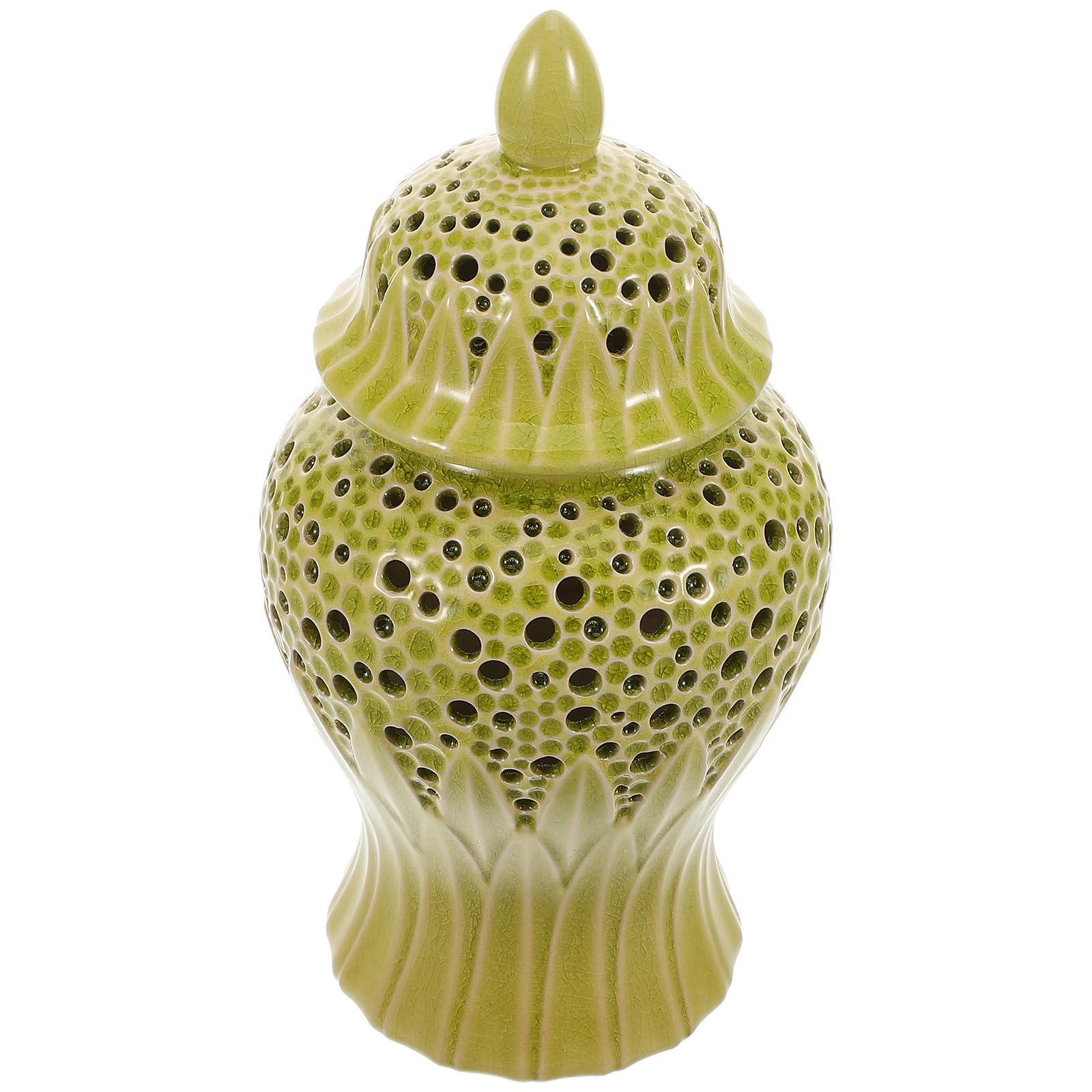 Vaso Decorativo in Ceramica Stile Giara con Coperchio Verde Chiaro