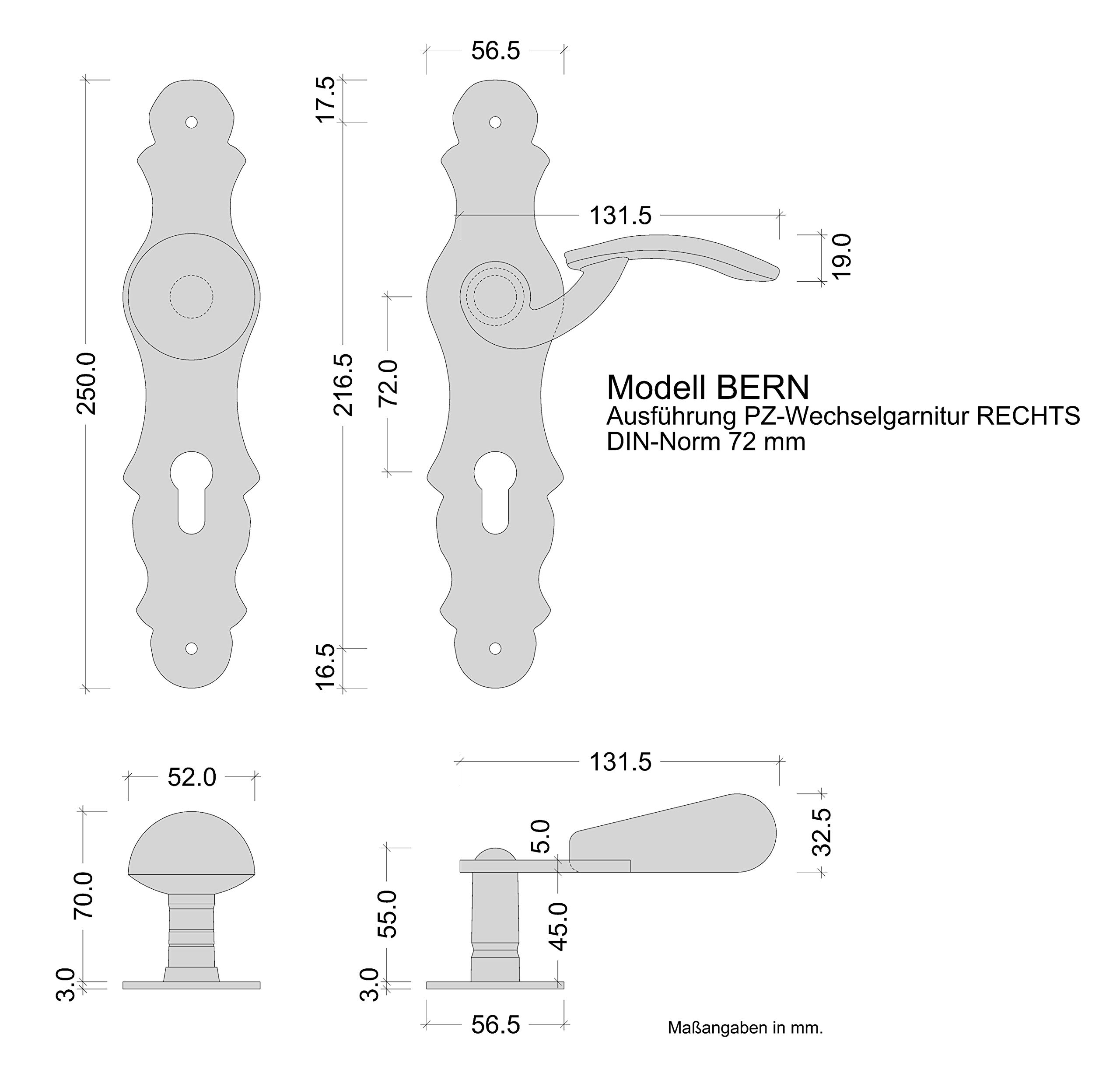 GedoTec Cortina de intercambio BOTÓN PULSADOR Herraje puerta Manijas de puerta en Placa larga Modelo BERN Antiguo Hierro forjado PZ 72 mm Izquierda Pomo puerta pintado de negro/plata patinado - rechts
