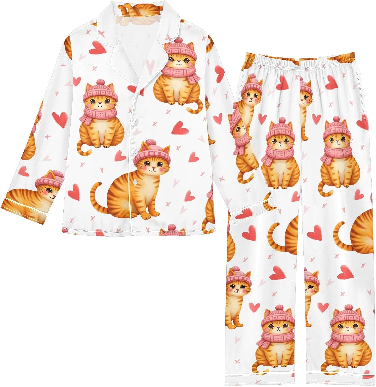 Kids Casual Satin Wear Set Scarf with Cat Heart Pattern Unisex Relaxed Fit Clothing