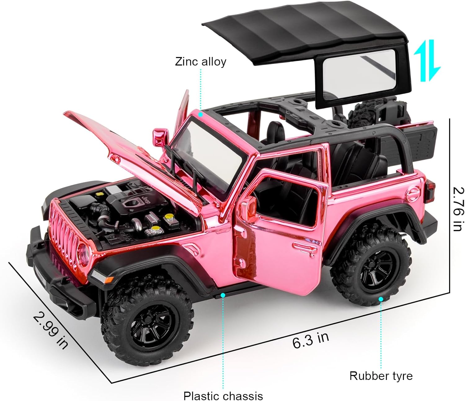 TGRCM-CZ 1:32 Scale Wrangler Rubicon Toy Car – Die-cast Model with Sound & Light Effects, Pull-Back Function, Durable Toddler Toy, Suitable for Ages 3 and Up,Pink