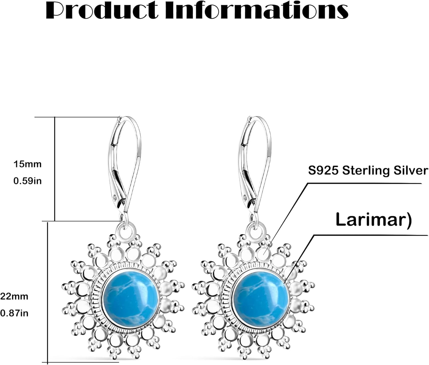 Natural Round Stone Sun Flower Drop Earrings,925 Sterling Silver Real Genuine Crystal Quartz Gemstone Dangle Dangling Statement Earrings Jewelry for Women Her - Image 6