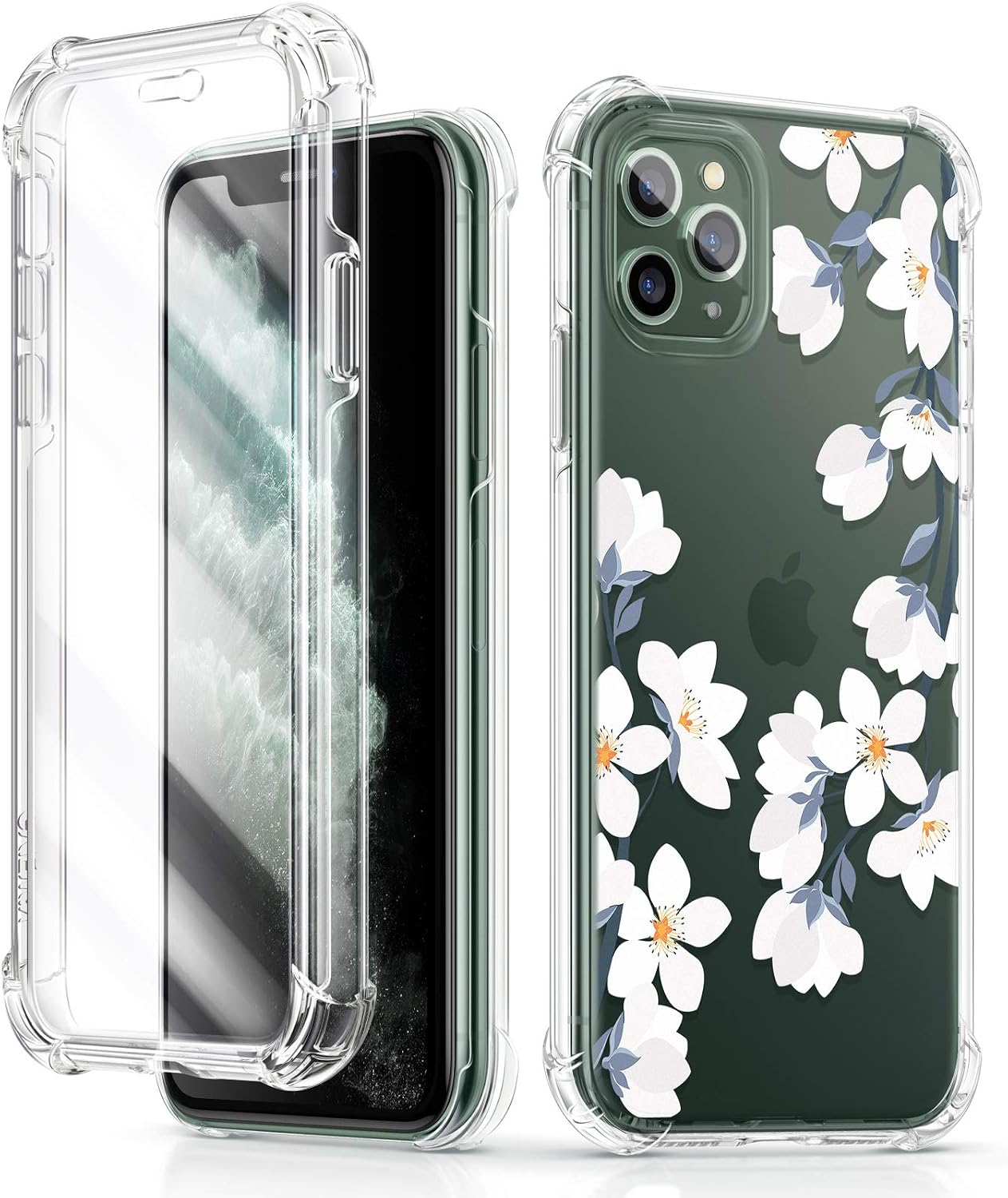 GVIEWIN Floden Series Case Compatible with iPhone 11 Pro Max 6.5 Inch 2019,[Built-in Tempered Glass Screen Protector] Full-Body Clear Floral Rugged Bumper Shockproof Case Cover (Windflower/White)