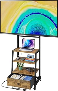 Rolling TV Stand with Wheels and Mount & Fabric Drawer for 32-85" TV - Entertainment Center with Power Outlet and Small TV Stand for Bedroom, Living Room - 18" Rustic Brown
