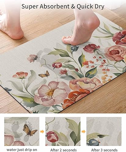 Miniatura 3 de Tapete de baño con flores retro para bañera, antideslizante, de secado rápido y absorbente, tierra de diatomeas, fregadero de cocina, ducha,