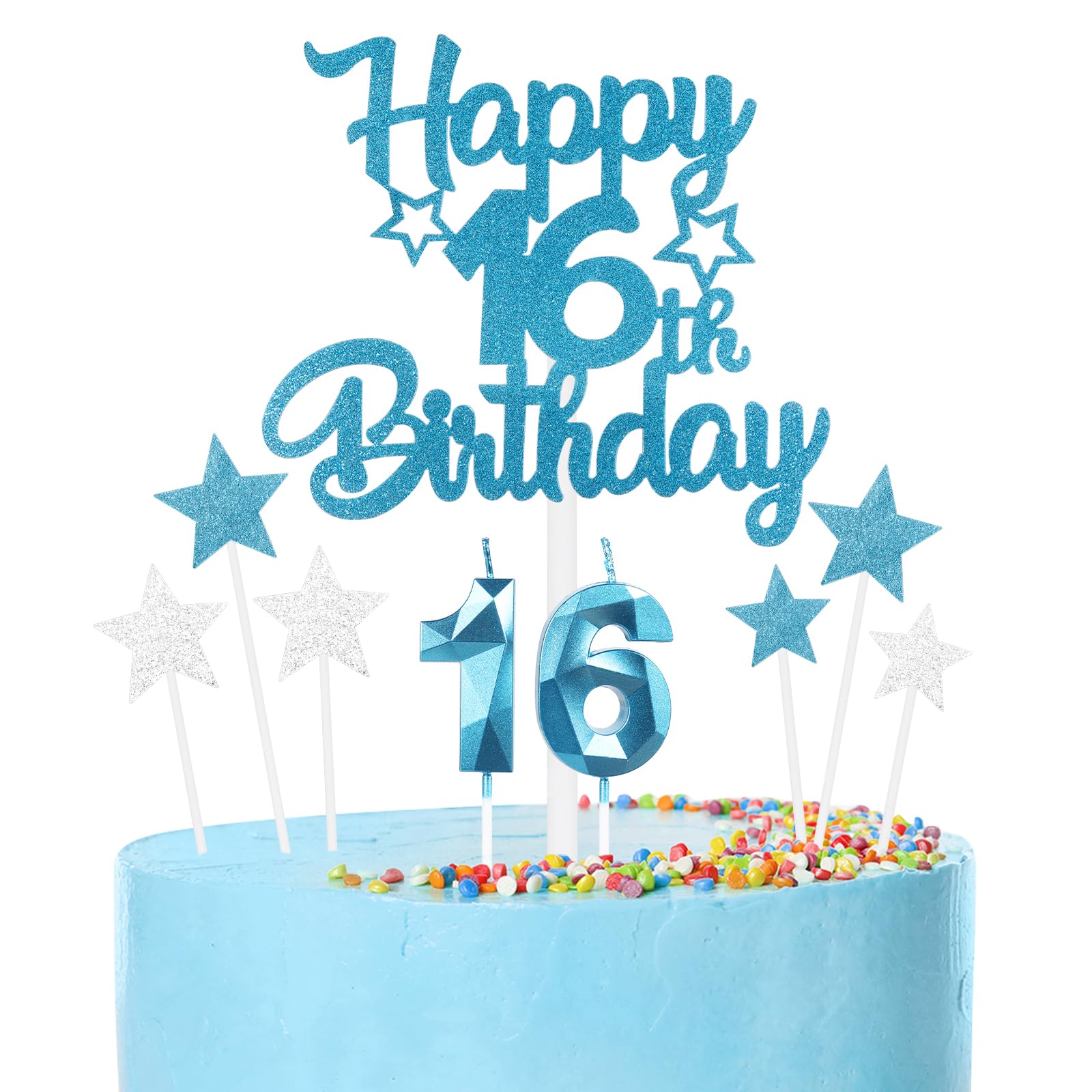 iNINGER 16th Birthday Candles & Toppers - Blue 16 Candle, Star Toppers for Boys & Girls 16th Birthday & Wedding Anniversary