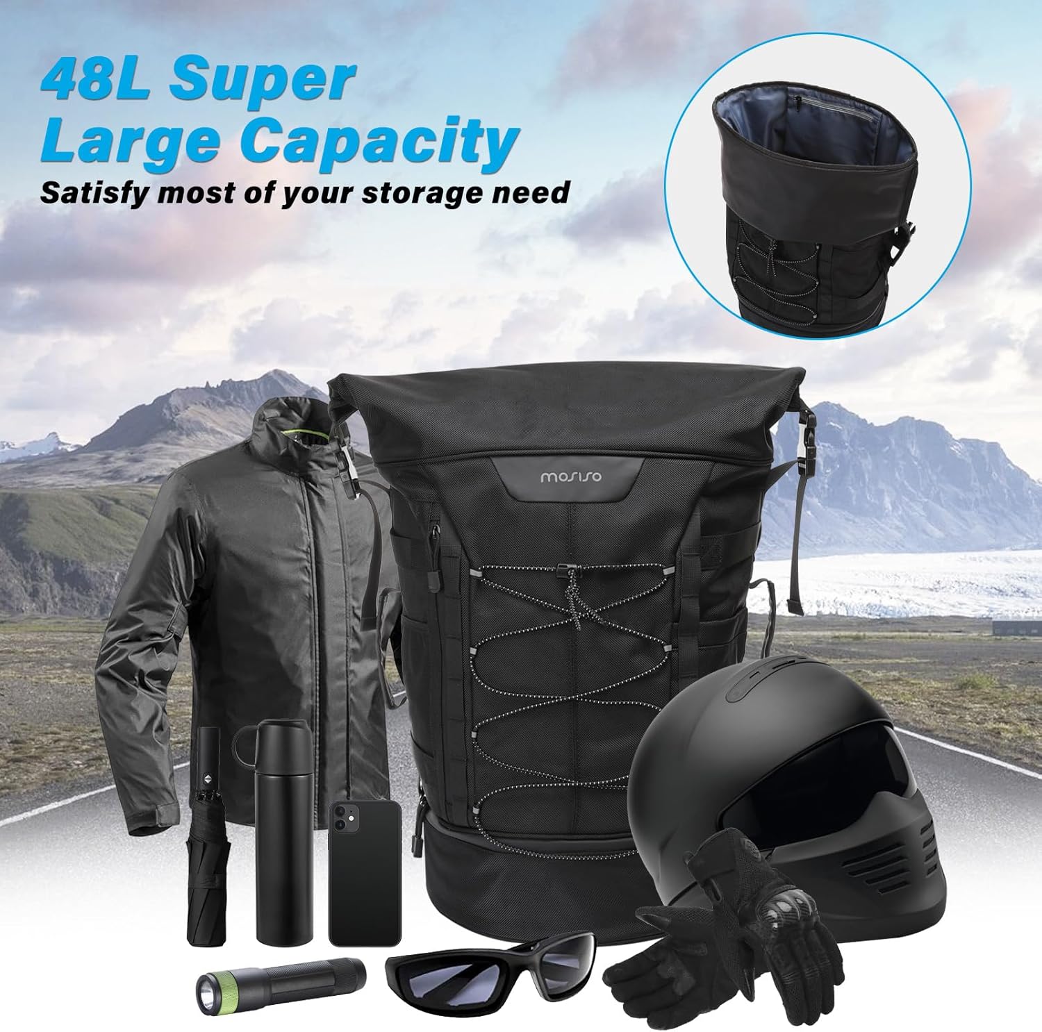 MOSISO Motorcycle Sissy Bar Bag, Large Capacity 30L-48L Travel Luggage, Waterproof Polyester, Expandable Tail Bag with Rain Cover & Shoulder Strap, Black