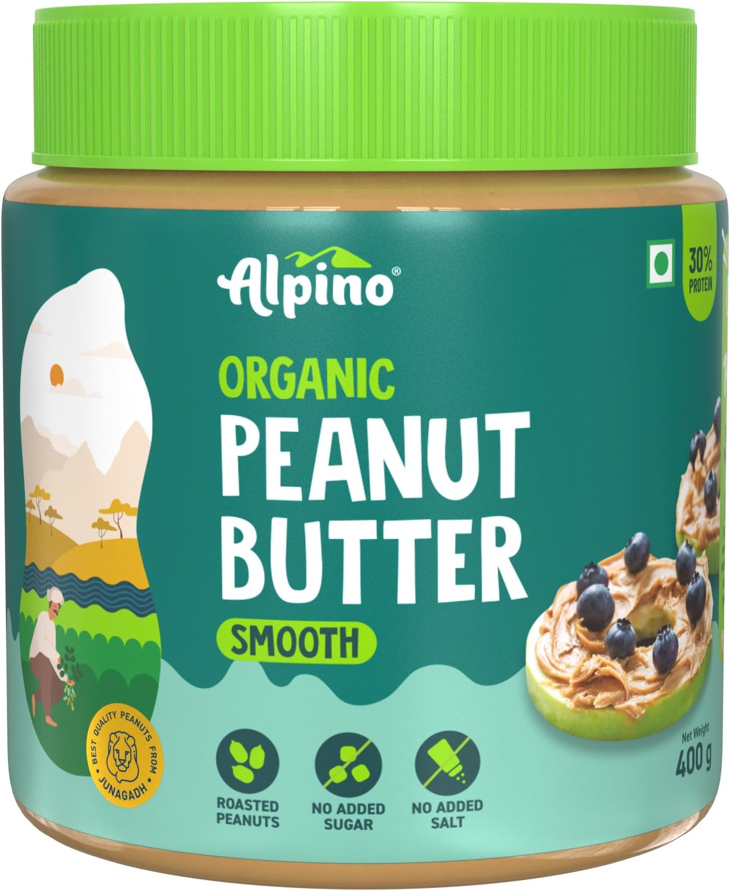 ALPINO Organic Natural Peanut Butter Smooth | 30% Protein | Made with 100% Organic Peanuts | No Added Sugar and Salt | Plant Based Protein Peanut Butter Creamy (14.1 Ounce)
