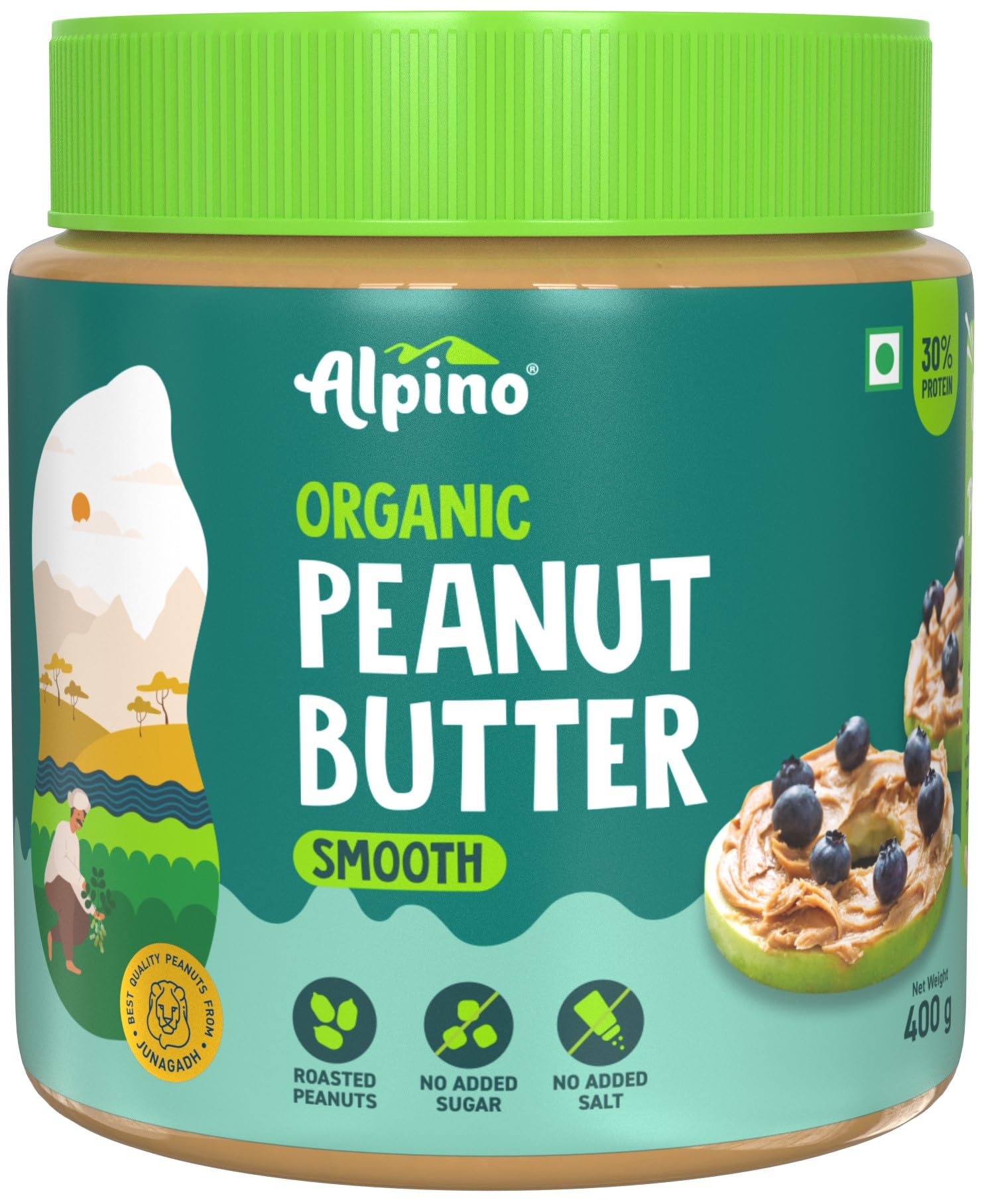 AlpinoPeanut Butter Smooth - Made with 100% Roasted Peanuts - 30g Protein, No Added Sugar & Salt, Gluten Free â€“ Plant Based, Unsweetened Peanut Butter