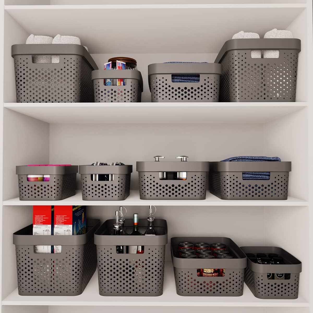 Glad Plastic Storage Basket Set, Value Pack of 6 | Open Storage Bins for Shelves, Bathroom, Pantry, Closet | Nesting Organizer Boxes with Handles, 2 Gallon, Gray