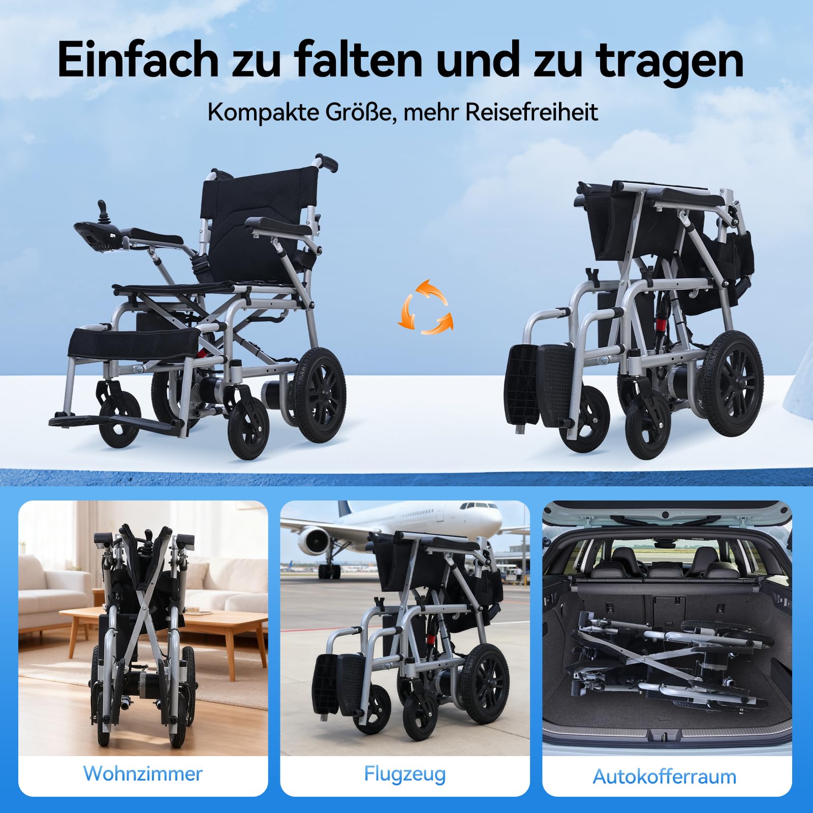 Elektrischer Rollstuhl mit langer Reichweite bis 20 km, stabil & bis 150 kg belastbar, faltbar für Transport, Anti-Kipp-System & Sicherheitsbremsen, für Alltag und Outdoor