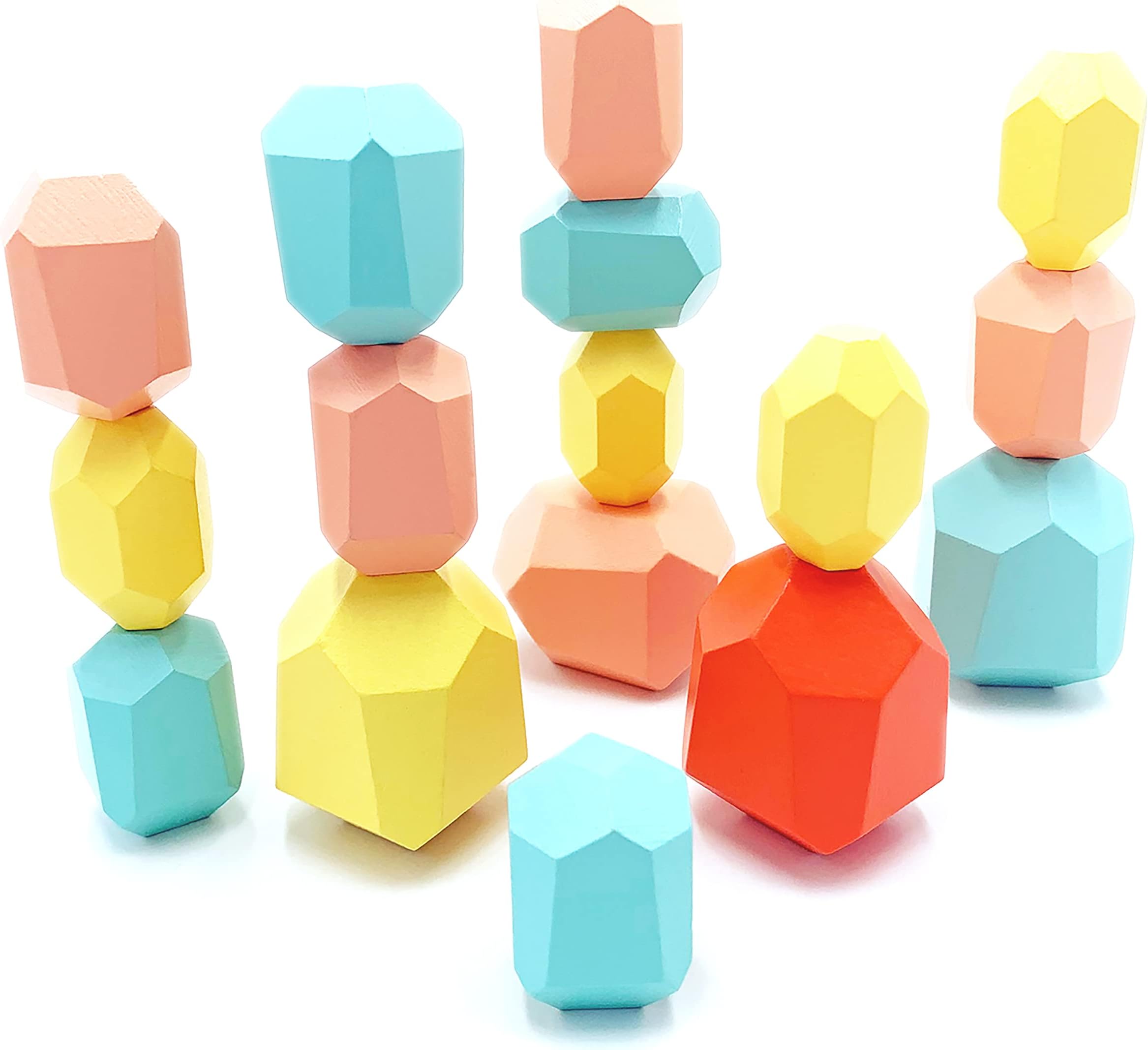 Stacking Rocks - Stacking Stones - 16 pc Wooden Stacking Rocks for Kids - Sorting & Stacking Toys - Balancing Stones - Wooden Stacking Stones - Rock Blocks Kids (Pink Blue Yellow)