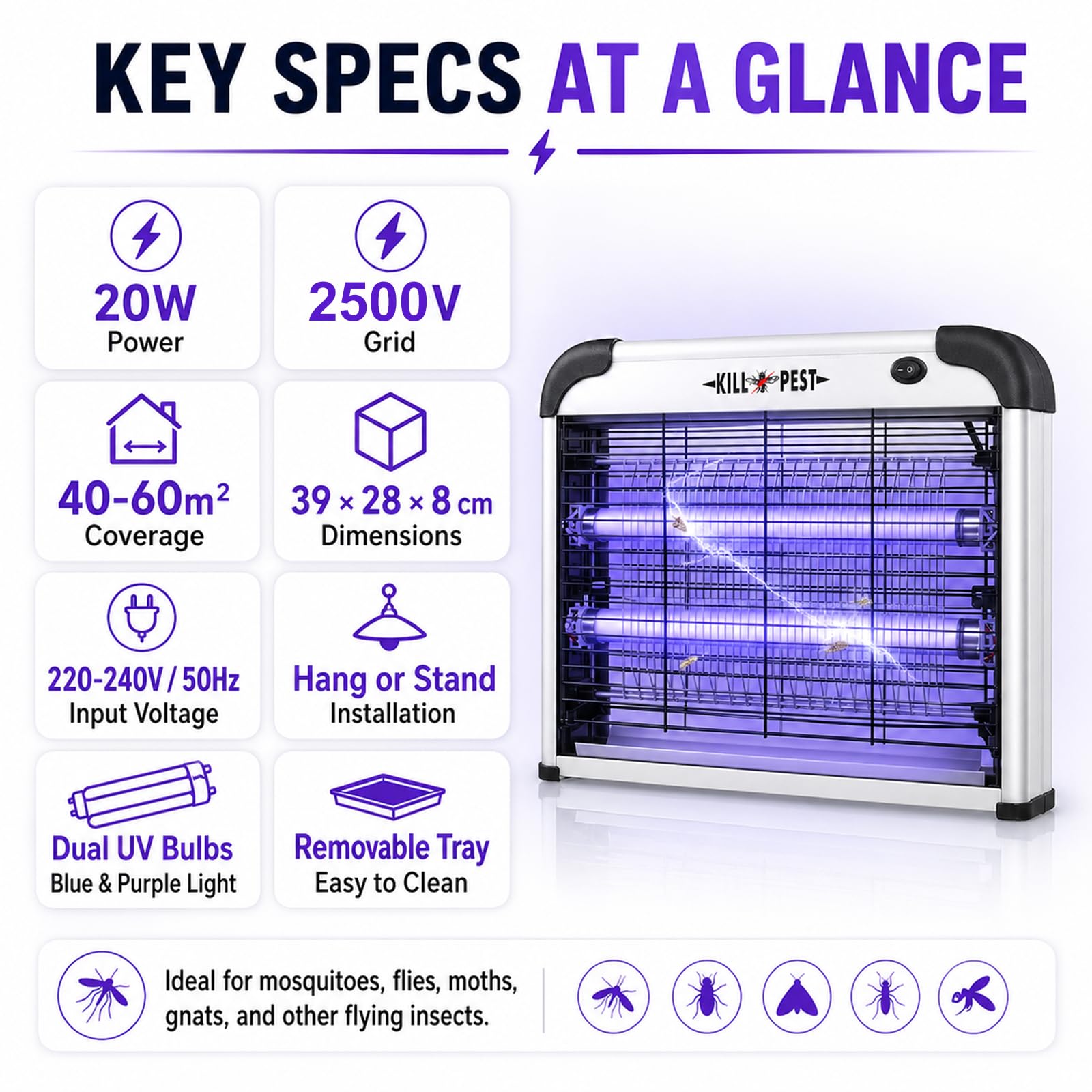 DANGZW Fliegenfalle Elektrisch 2500V, 20W UV Insektenvernichter für Innen, Fliegenfänger mit Auffangschale, Mückenlampe zum Aufhängen für Küche, Schlafzimmer, Wohnzimmer