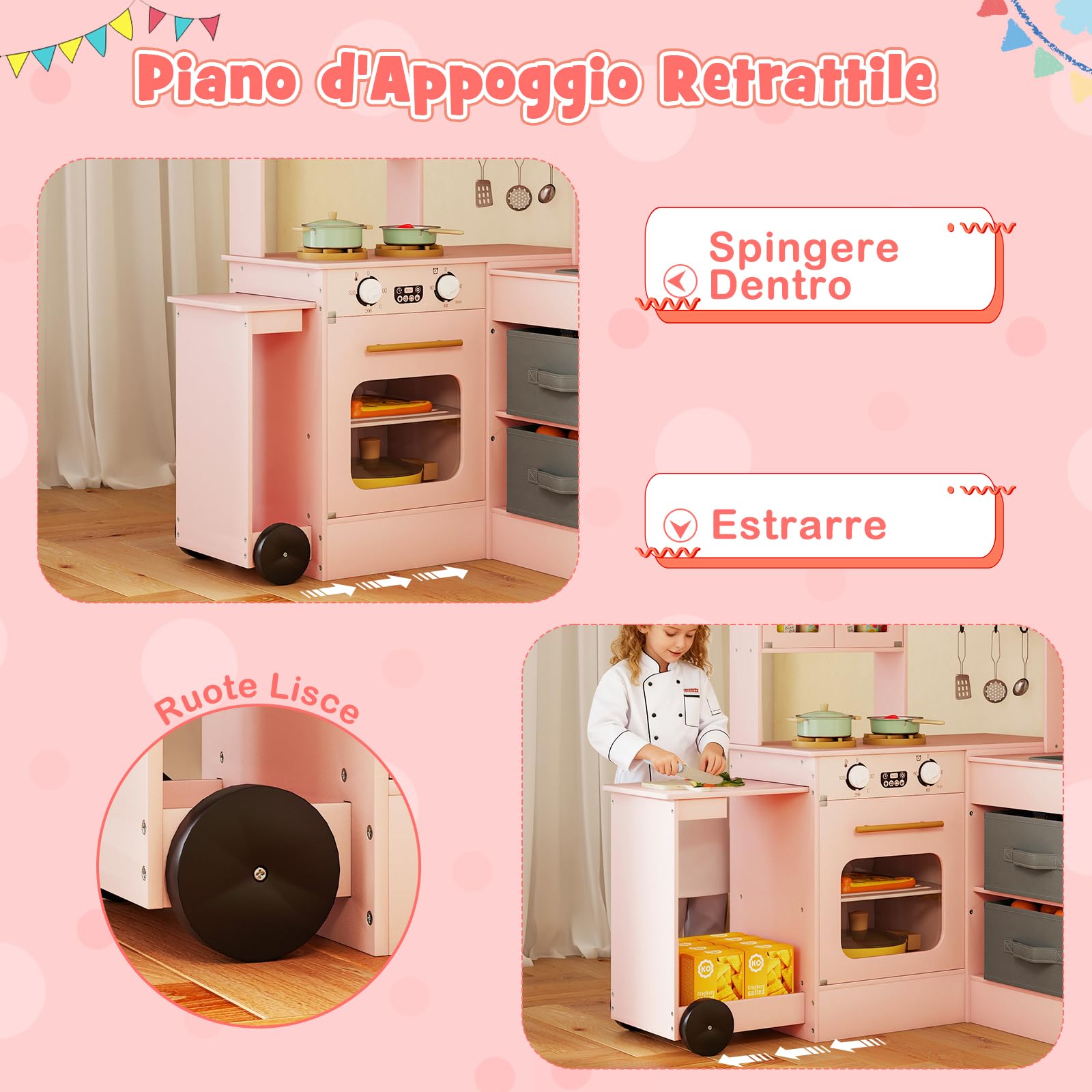 COSTWAY Cucina Giocattolo Angolare in Legno, Set di Cucina Giocattolo per Bambini con Lavabo, Fornelli, Forno, Frigorifero, Macchina del Ghiaccio e Accessori, per Bambini 3 Anni+ (Rosa)