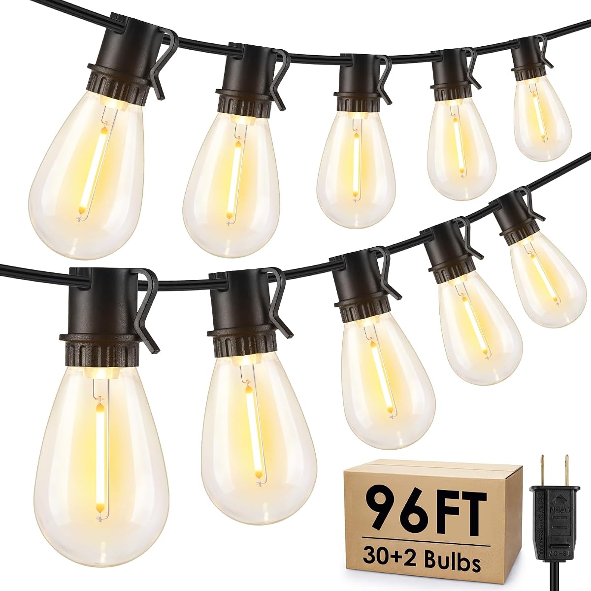 Cadena de luces LED para exteriores de 96 pies, 30 + 2 bombillas Edison S14, negro | Lámpara colgante impermeable, inastillable, conectable, de bajo consumo, enchufable, regulable para decoración de jardín y patio trasero