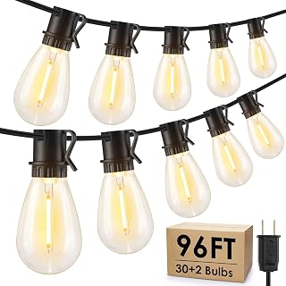 Larkvue 96FT Waterproof LED Outdoor String Lights - 30+2 Dimmable 2700K Shatterproof Edison Bulbs, Black Cord for Patio Backyard Parties