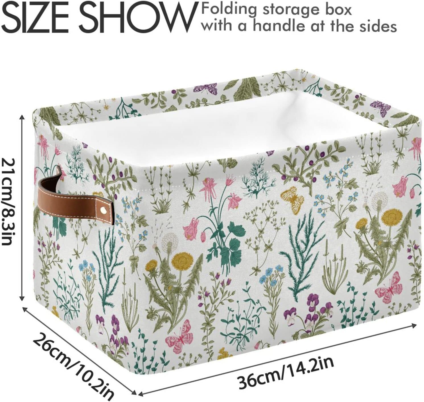 Herbs and Flowers Rectangular Storage Bin 2 Pack, Collapsible Organizer Canvas Storage Basket with Handles for Closet, Office, Nursery, Home Decor