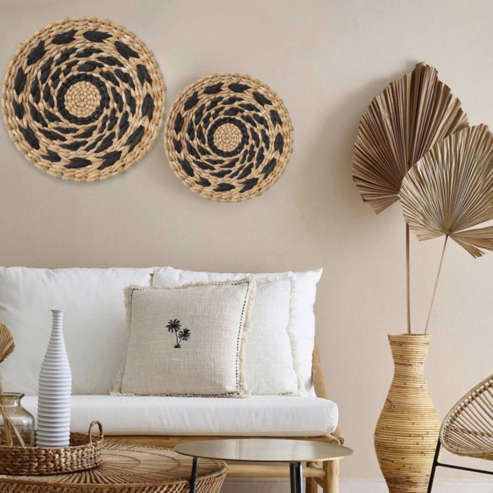 Decoración de ratán, Juego de 3 cestas Colgantes de Pared Bohemias, Hechas a Mano, de ratán y Mimbre, Redondas y Tejidas, Estilo costero.