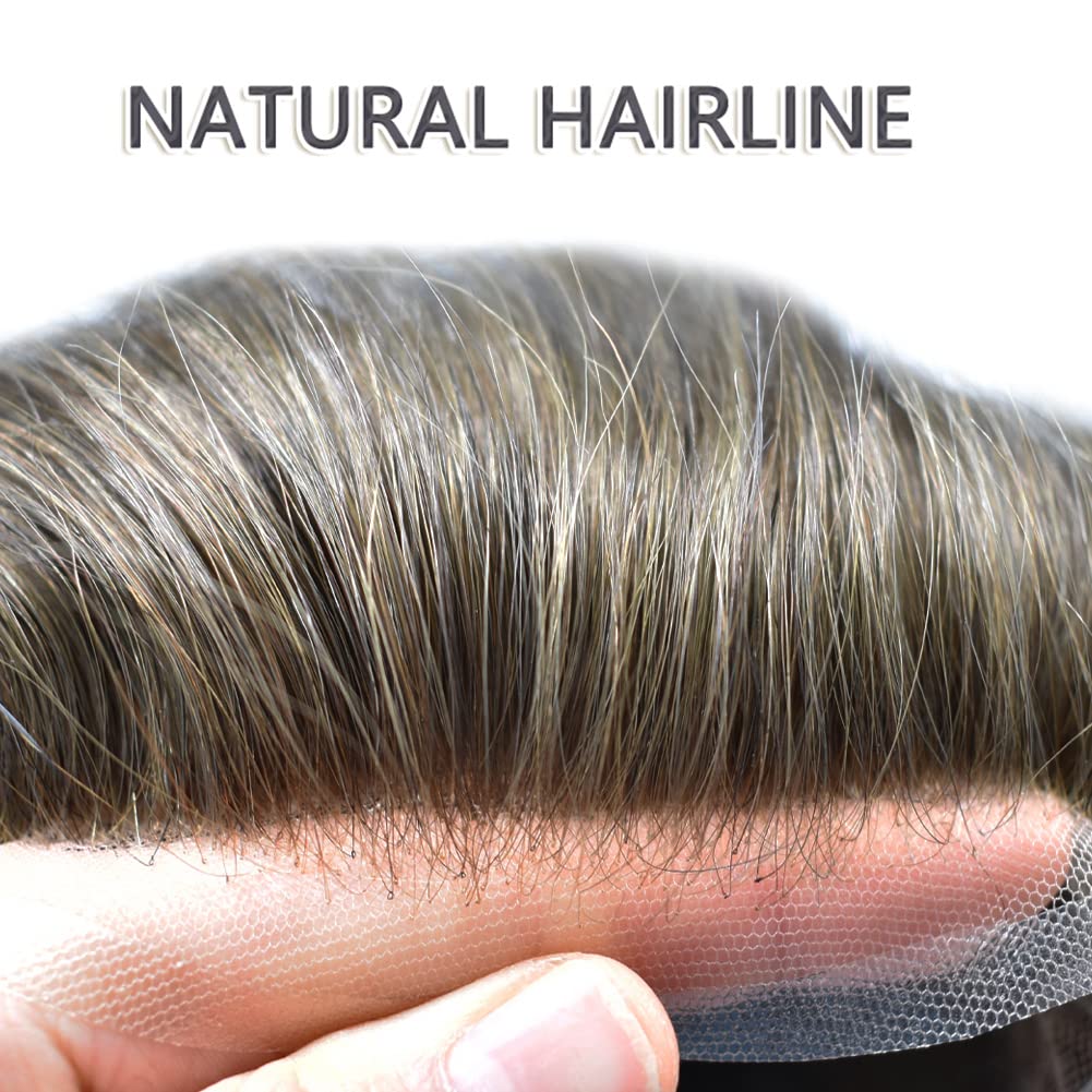 LYRICAL HAIR Toupee for Men Hair System Replacement Full French Swiss Lace Mens Toupee Hairpiece Natural Hair Piece Unit Wig for Men 8"X10" #4 Medium Brown-120% Medium Light to Medium Density