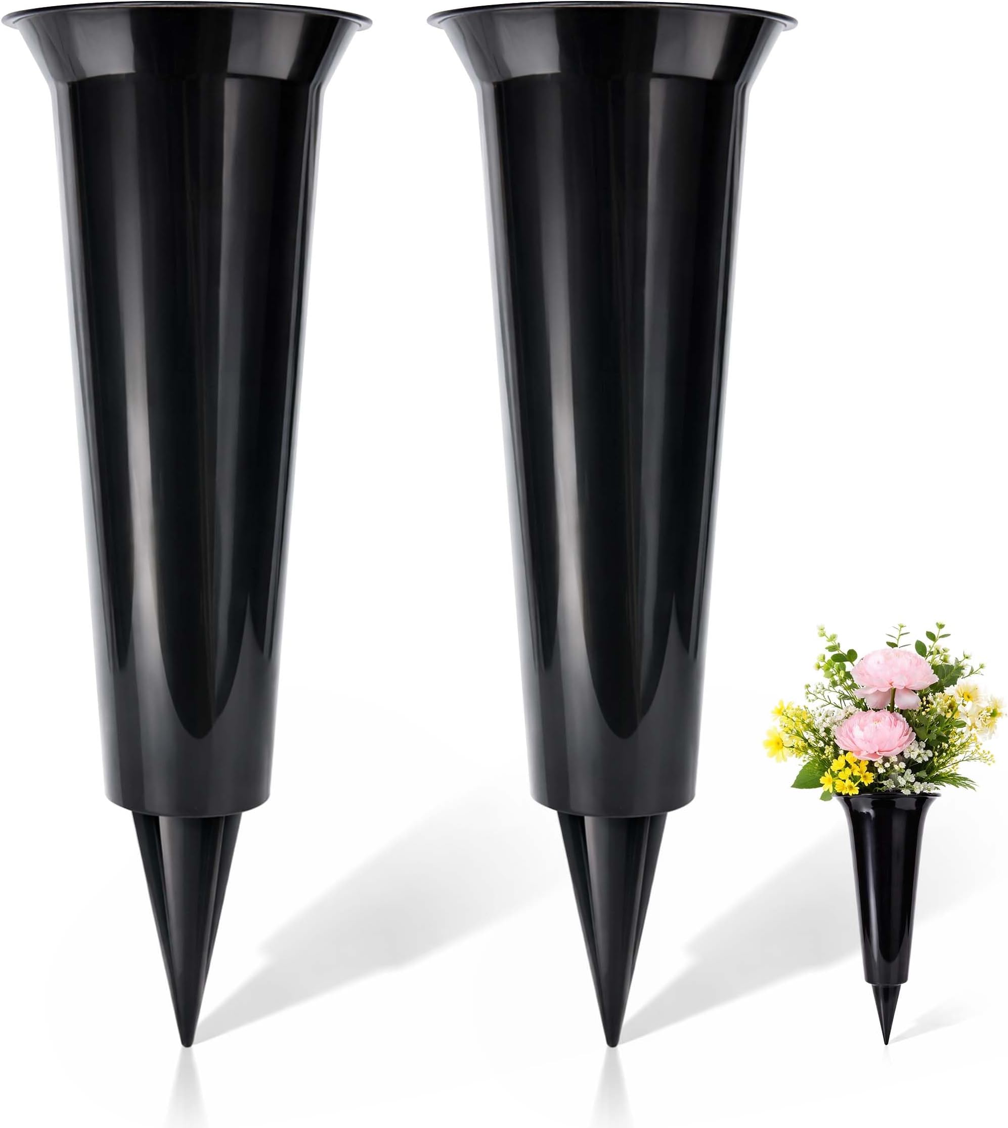 Daisy Dreams Set of 2 Black plain Spikes Memorial Grave Flower Vases-Strong Grave Flower Pots, Plastic Spike Grave Ornament for your loved ones (1, Plain Black)