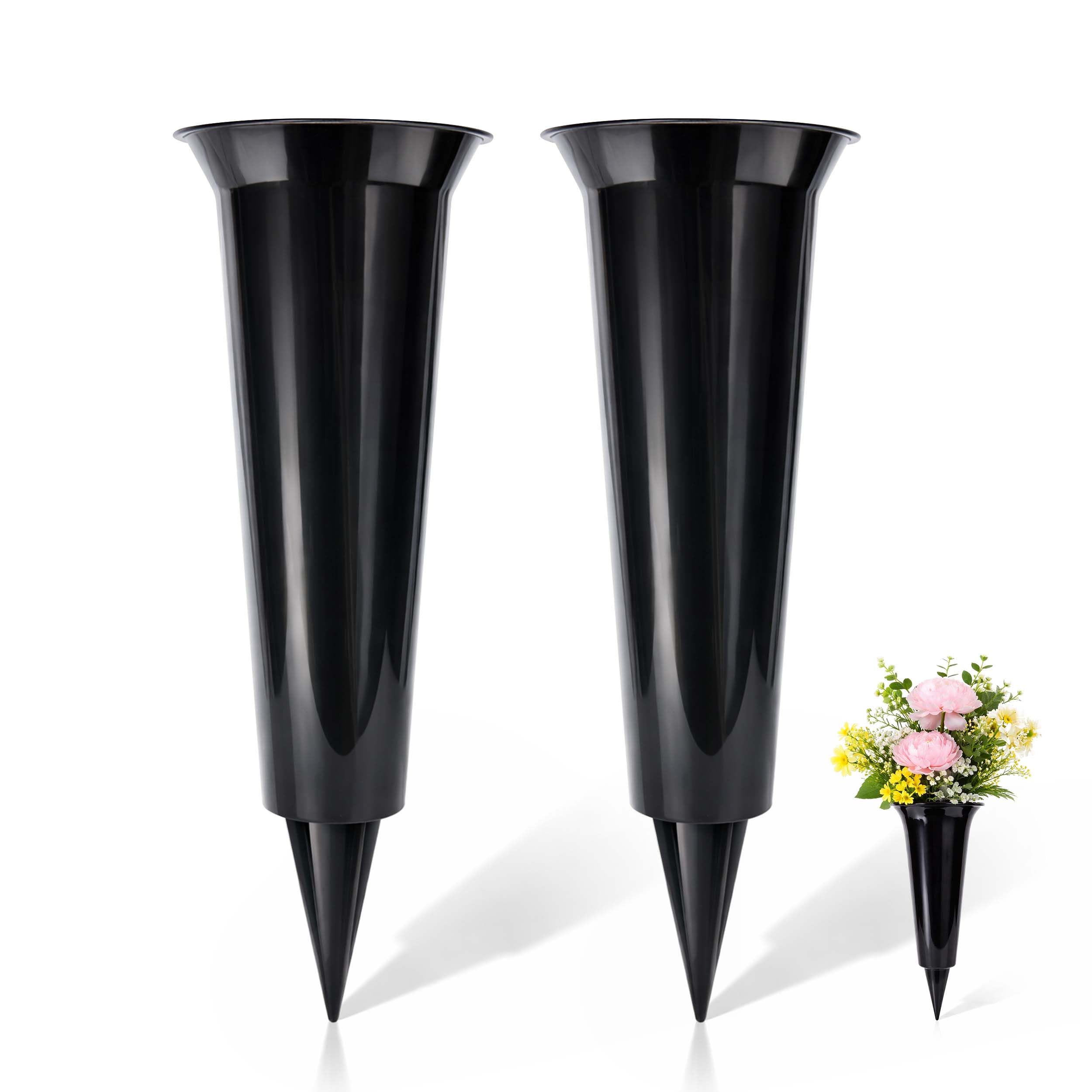 Set of 2 Grave Vases with Spike – Memorial Flower Pots for Graves, Plastic Cemetery Flower Holders, Large Vase for Graveside Flowers, Memorial Vases for Graves (Plain Black)