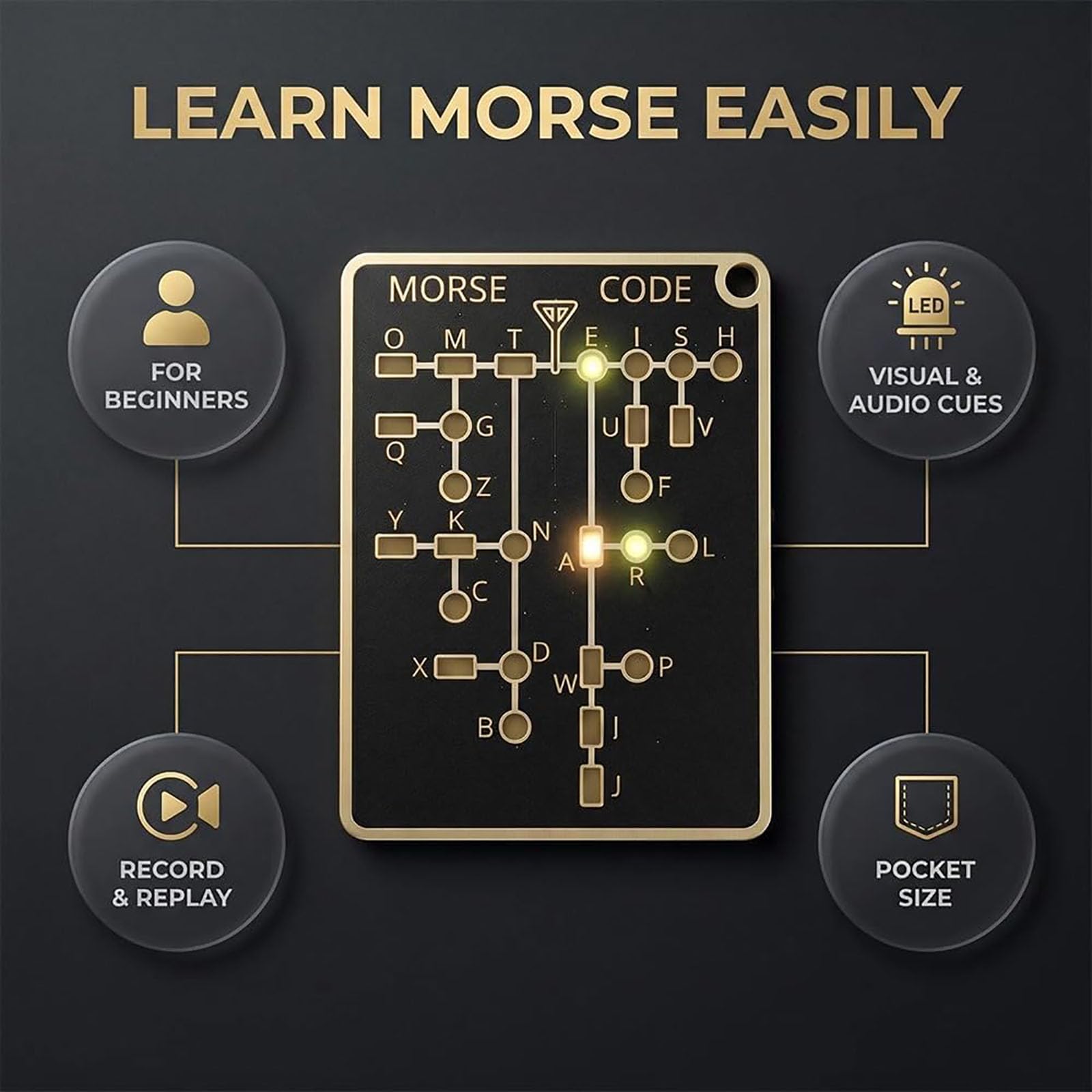 Morse Code Trainer Card Pro, Interactive Morse Code Learning Device, Real Time Decoding LED Signal Sound Modes, Portable Telegraph Practice Kit, Record Playback Gadget for Adults Beginners (1pcs) — view 4
