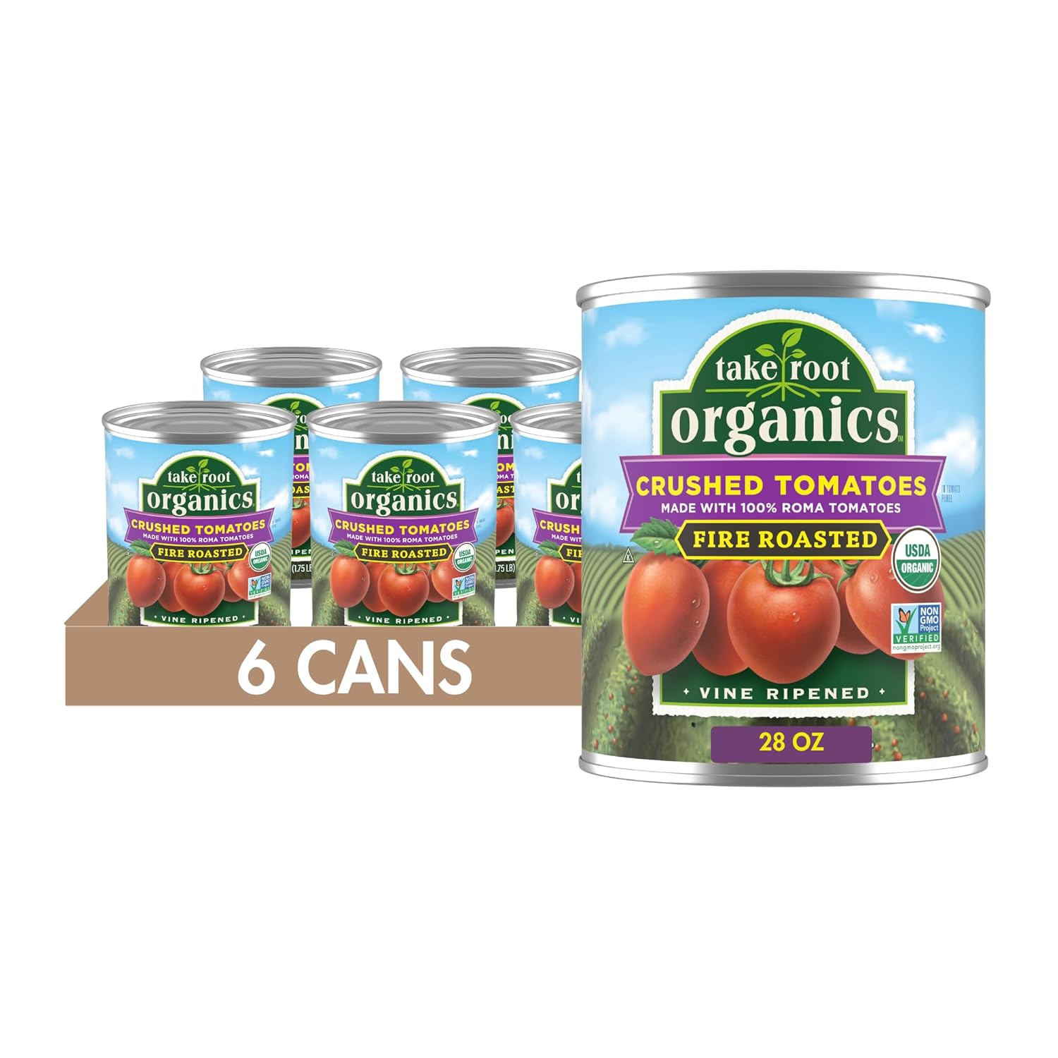 Take Root Organics Fire Roasted Organic Crushed Tomatoes, 28 oz Cans (Pack of 6) - Vine Ripened, Smoky Flavor, Non-GMO