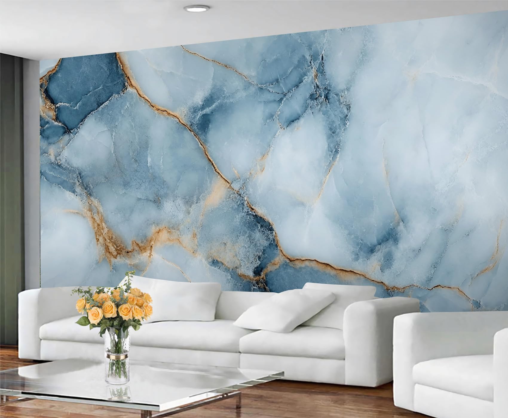 GIVLWF Blue Gold Marble Wallpaper, Abstract Marble Self Adhesive Wallpaper for Living Room, Stone Texture Wall Paper for Bedroom, Painting Blue Large Mural & Room Decor