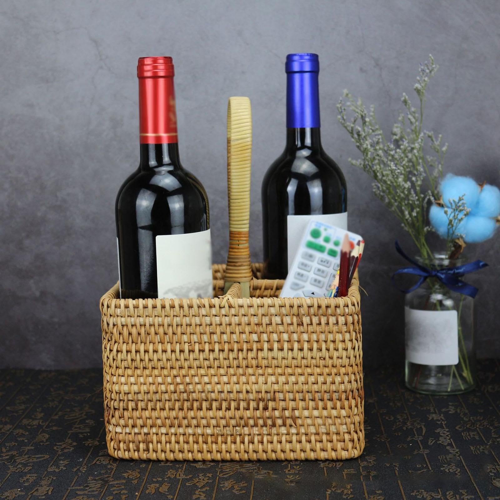 rockible Cesta para Cubiertos Y Especias con 4 Compartimentos, para Guardar, Hecha de Ratán Tejido para, Cuadrado Grande