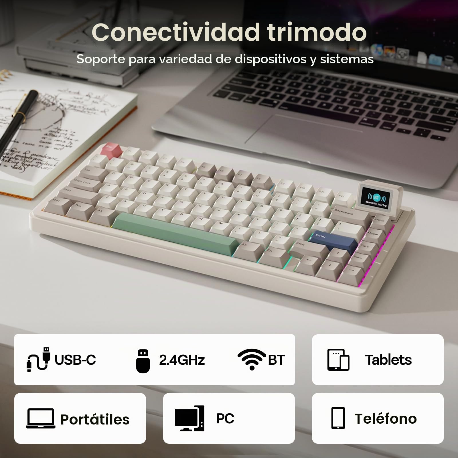 EPOMAKER RT82 Teclado Mecánico Inalámbrico con Pantalla, Creamy Jade | Personalizable con VIA, 2.4GHz/USB-C/BT5.0, RGB, Gasket, Amortiguado de 5 Capas, Teclas PBT, Hot-Swap, US ANSI