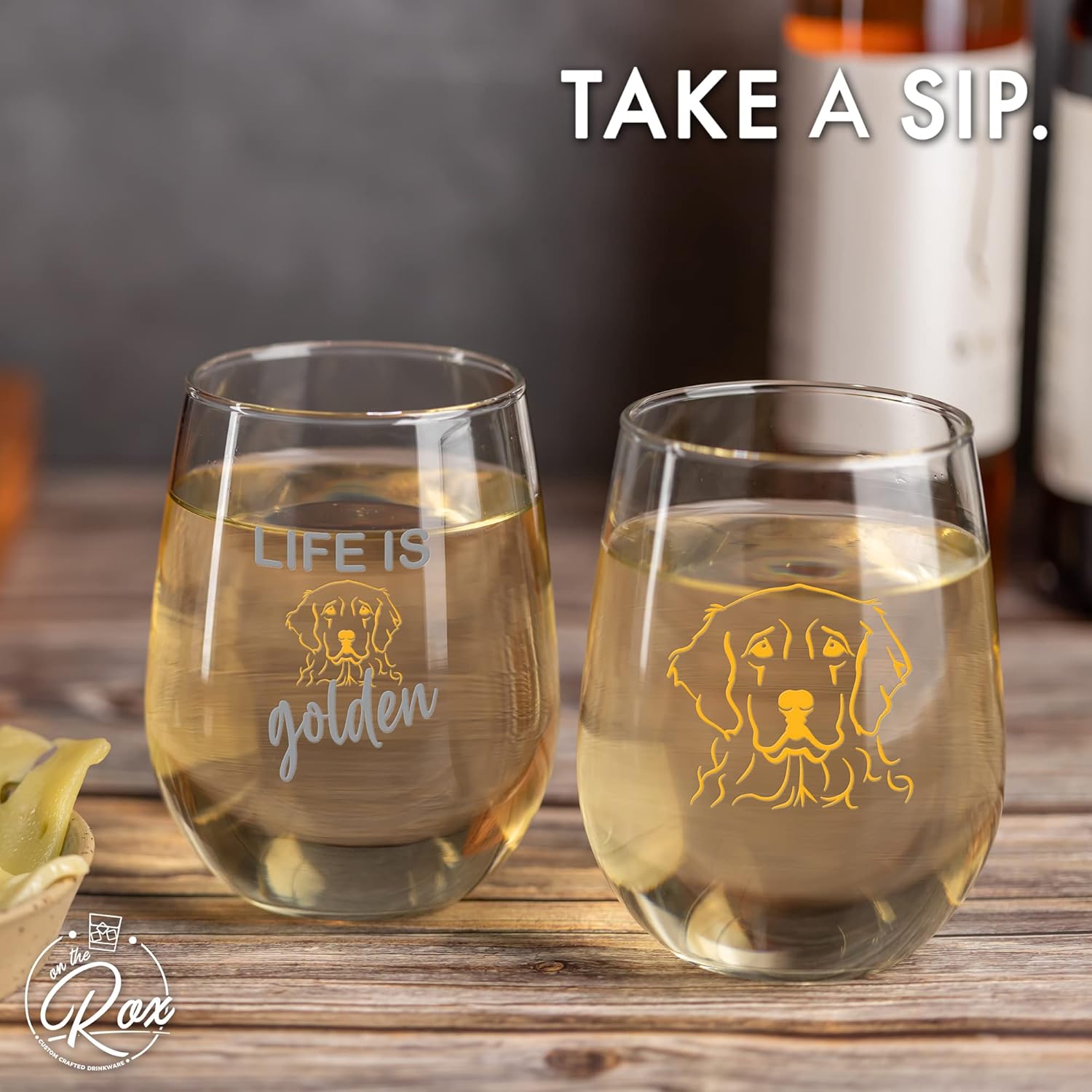 On The Rox Golden Retriever Gifts for Dog Lovers - Life Is Golden 15 oz Stemless Wine Glass Set of 2 - Cute Dog Face Glasses for Women - Funny Tumbler, Cup for Pet Lovers Drinks