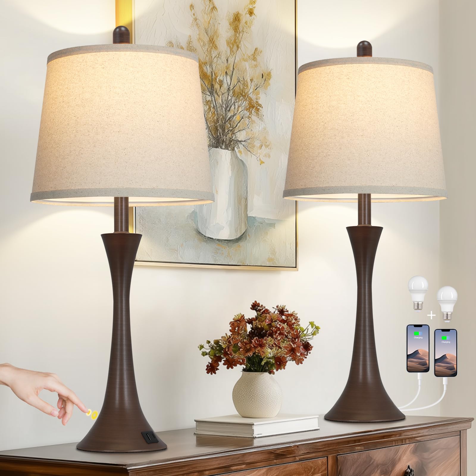 Photo 1 of **ONLY 1 FUNCTIONING LIGHT** Rinweey 27.5" Table Lamps Set of 2, Touch Bedside Lamps with USB C+A Ports, 3 Way Dimmable Nightstand Lamps for Bedroom, Living Room, Office, Brown Lamp with Beige Lampshade, Bulbs Included