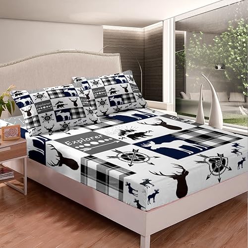 Miniatura 2 de Juego de sábanas de ciervo de alce para niñas y niños, juego de ropa de cama con diseño de flechas tribales con diseño de búfalo blanco y negro,
