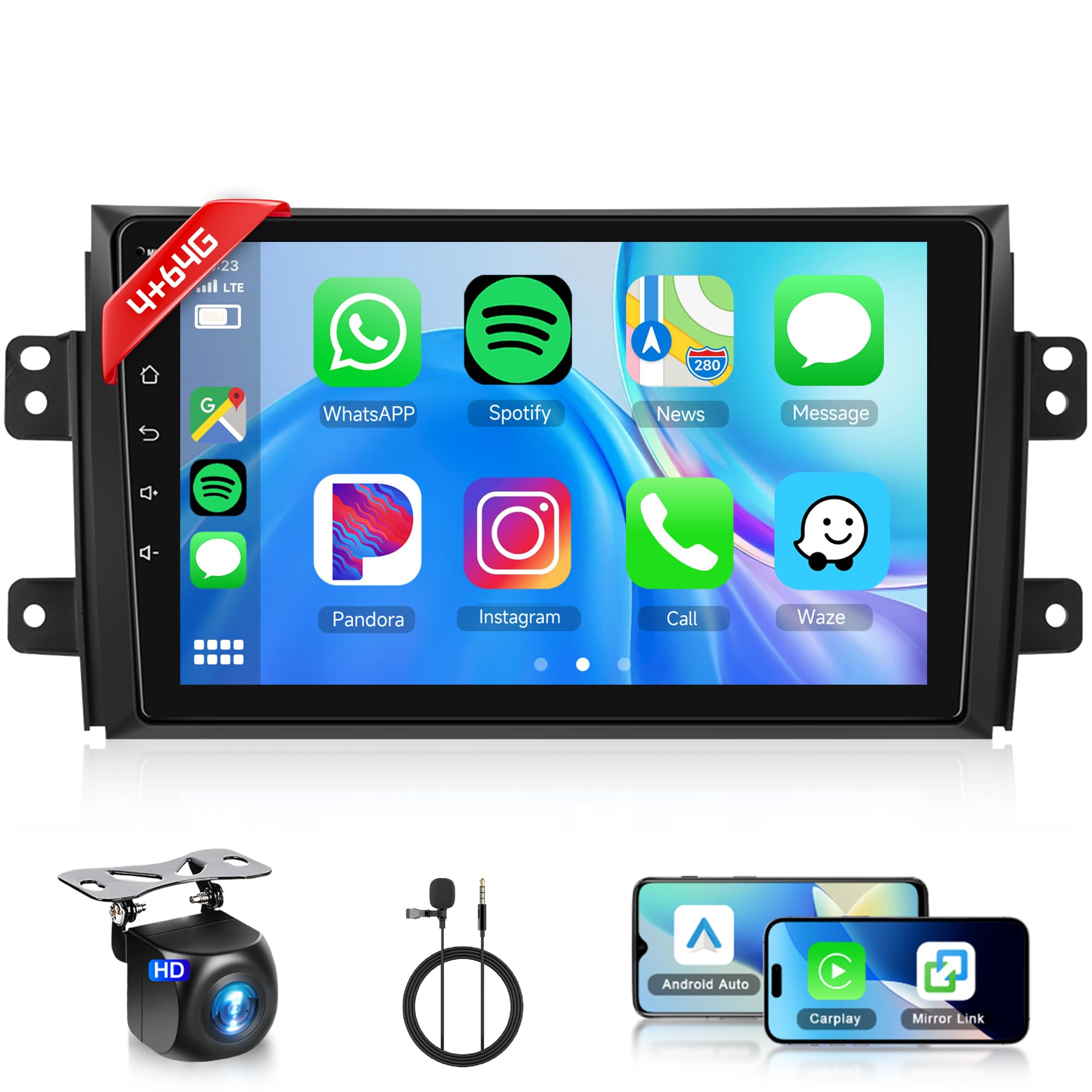 4+64G Android Autoradio per Suzuki SX4 2006-2013/FIAT Sedici 2005-2014 9 Pollici Senza Fili Carplay Autoradio con Android Auto Navi GPS Mirror Link Bluetooth WiFi/FM/RDS/EQ/SWC Telecamera Posteriore