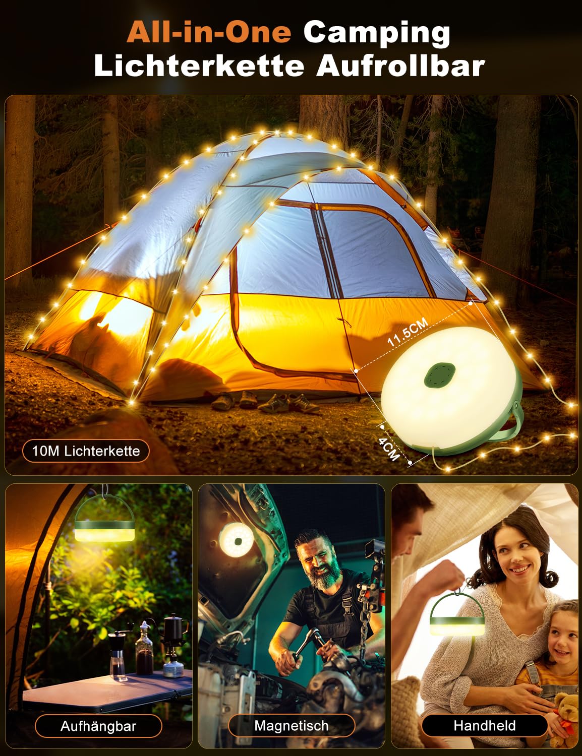 HeiPard Catena Luminosa da Campeggio Avvolgibile 10 m, 100 LED, Impermeabile, Portatile, con 8 Modalità di Illuminazione, per Campeggio, Esterni, Balcone, Giardino, con Cavo USB