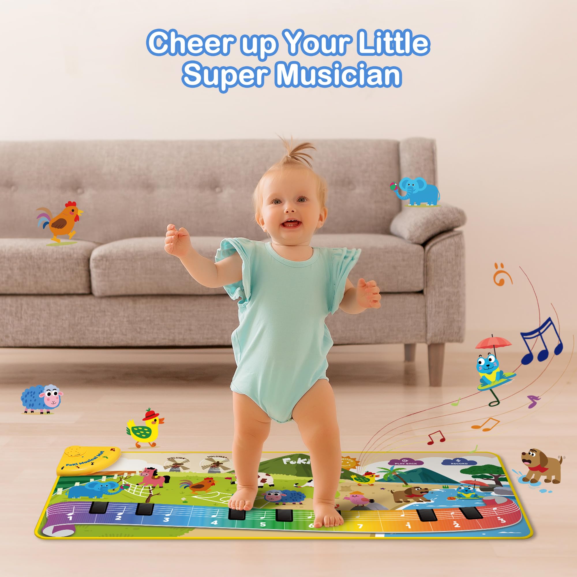 FOKI Toddler Toys Floor Piano Mat with 61 Animal Music Sounds, Baby Kid Sensory Educational Dancing Musical Keyboard Carpet Toy, Record Playback, for 1 to 5 Years Old Boy and Girl