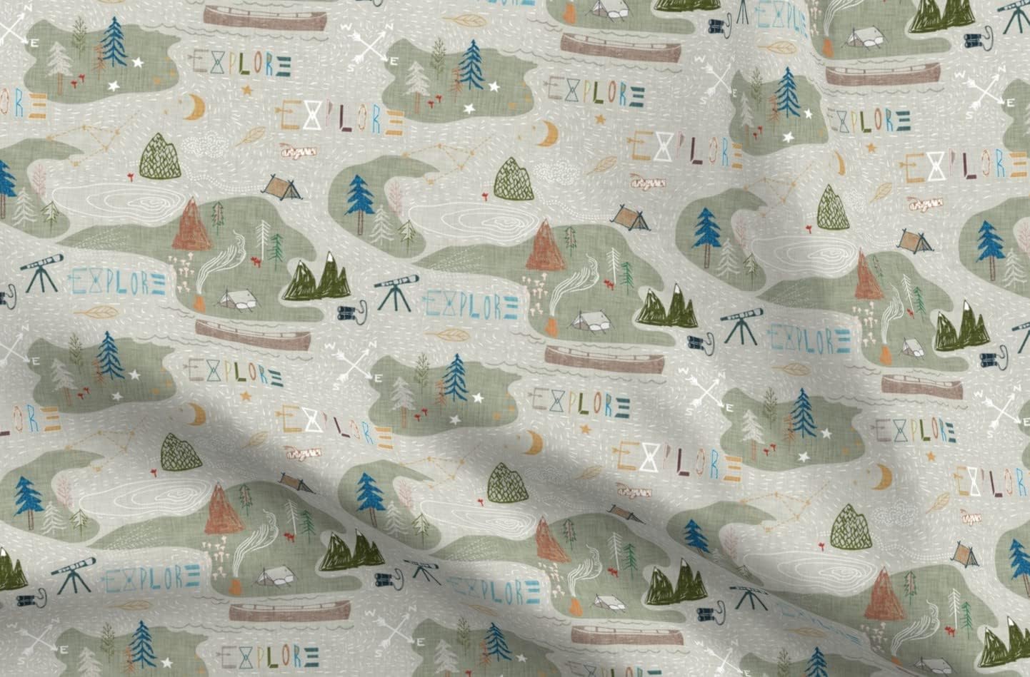 Spoonflower Fabric - Explore Sage Mountain Map Camping Hiking Outdoors Lake Tent Fire Printed on Upholstery Velvet Fabric Fat Quarter - Upholstery Home Decor Bottomweight Apparel