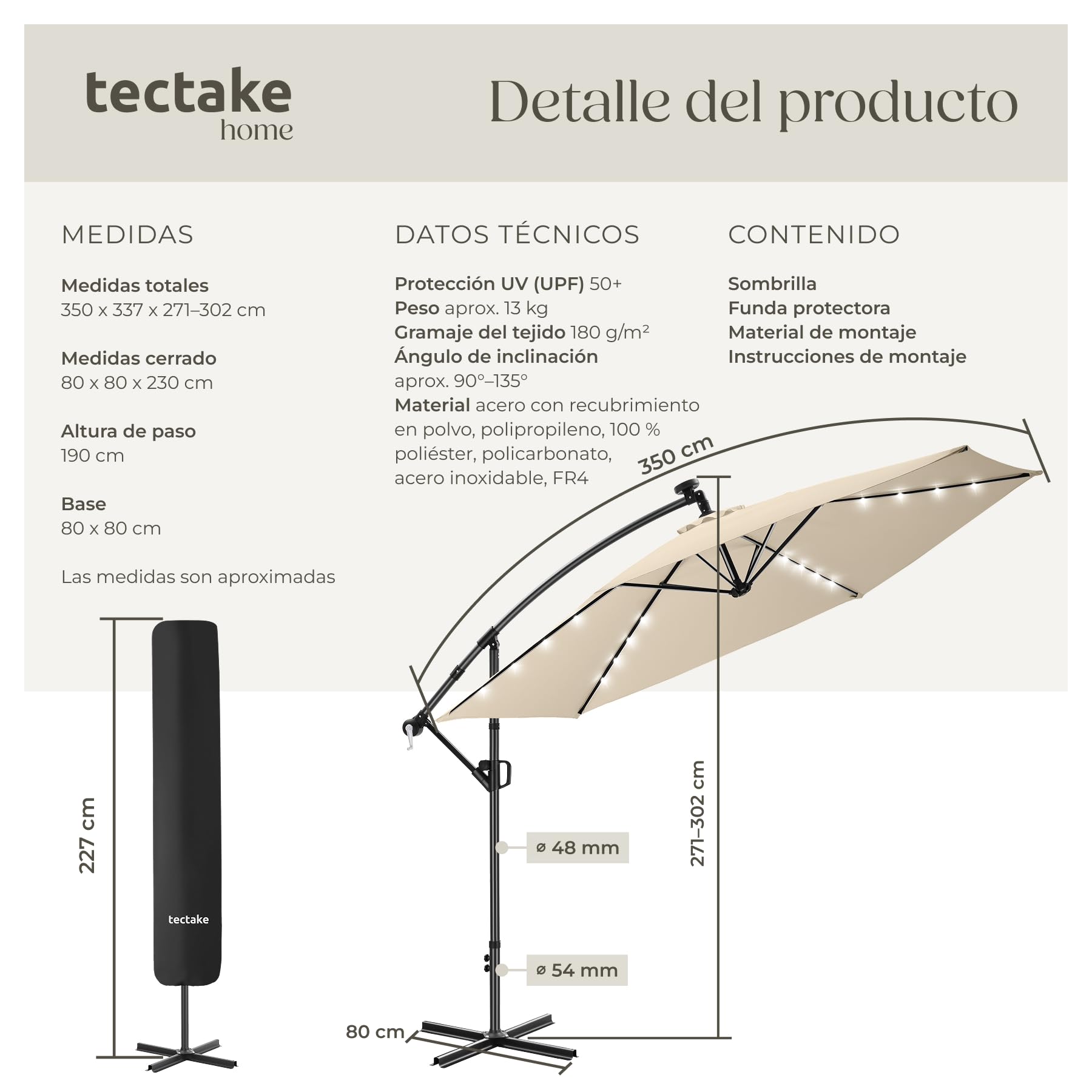 tectake® Sombrilla Terraza Exterior con Iluminacion Solar Led, Parasol Terraza Exterior y Jardin, Sombrillas Jardin Grandes Giratorio 360°, Doble Techo, Manivela, Inclinable - 3,5 x 3,5 m