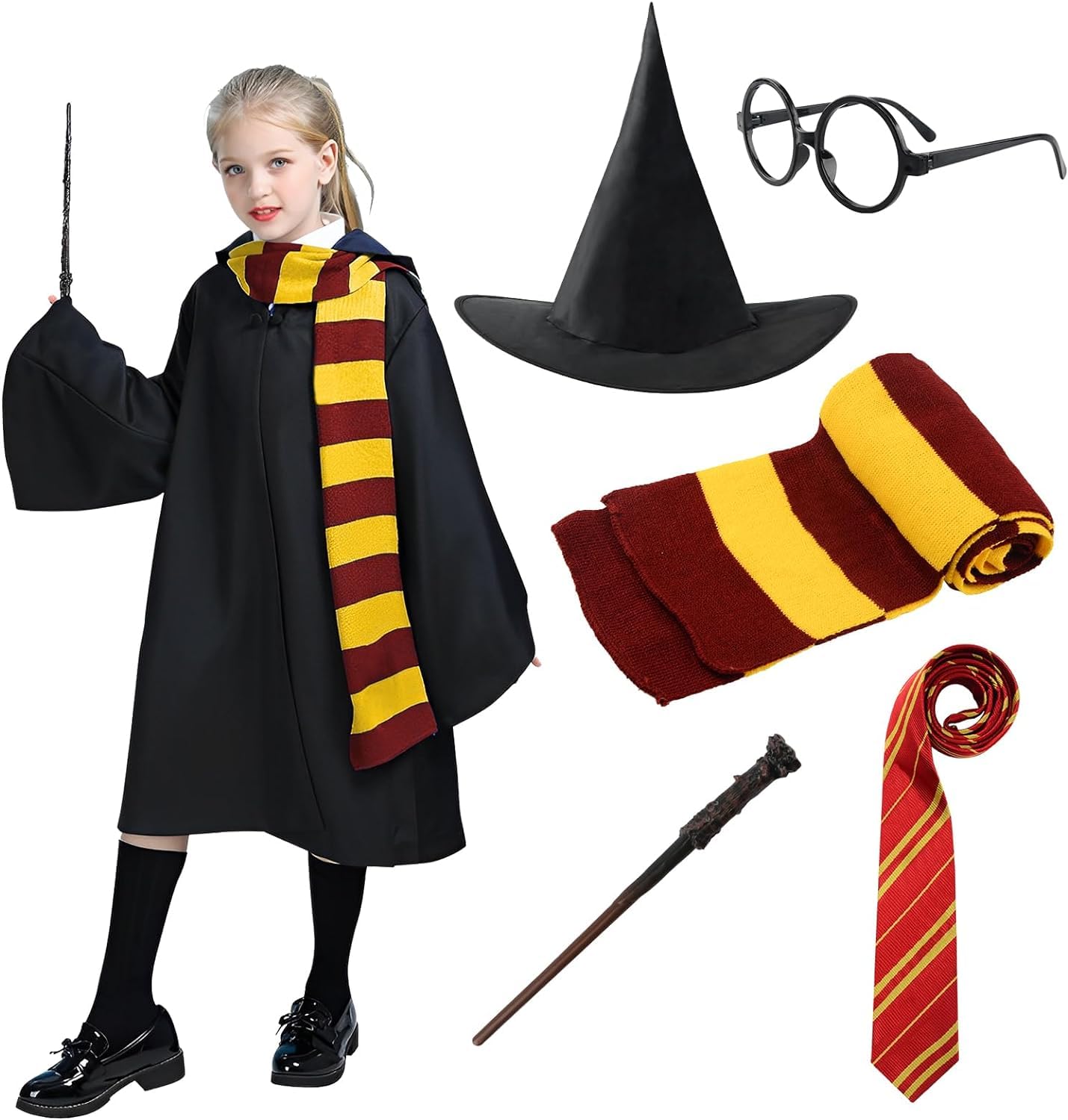 BIQIQI Wizard Costume Cosplay, Wizard Robe Magician Costume Cosplay set with Robe Magic Wand Glasses Tie Necklace Wizard costume for Kids Halloween Carnival Cosplay Fancy Dress Party