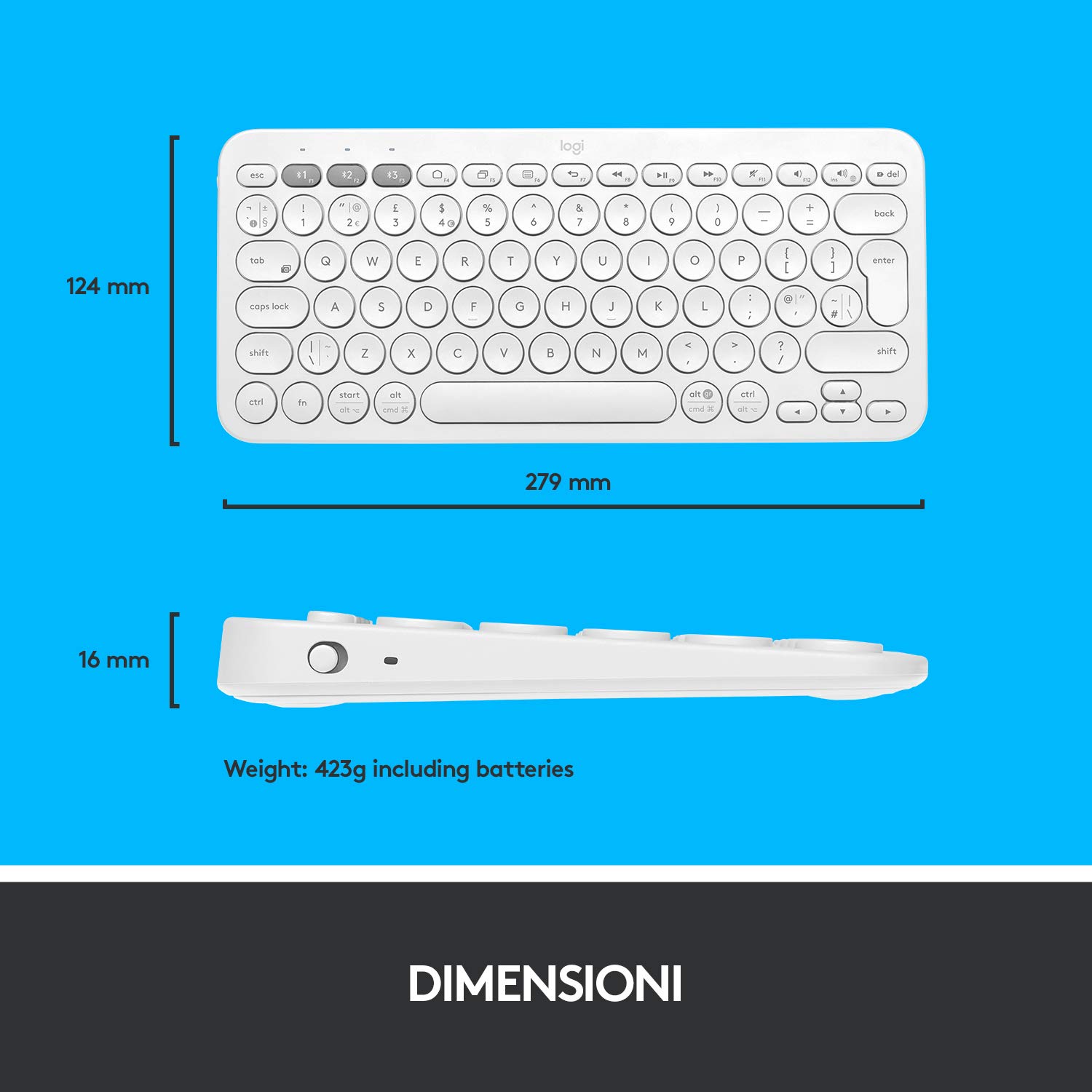 Logitech K380 Tastiera Bluetooth Multidispositivo per Windows | Apple iOS, ‎Bluetooth Wireless, Design Compatto, PC/Mac/Laptop/Smartphone/Tablet, Layout Italiano ‎QWERTY, Bianco