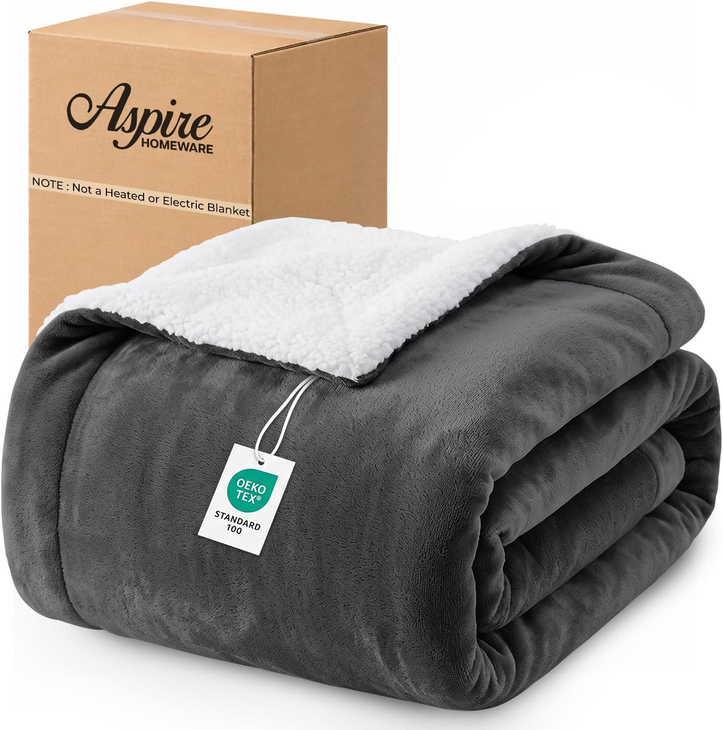 Aspire Homeware Thick Sherpa Fleece Blanket King Size, Grey