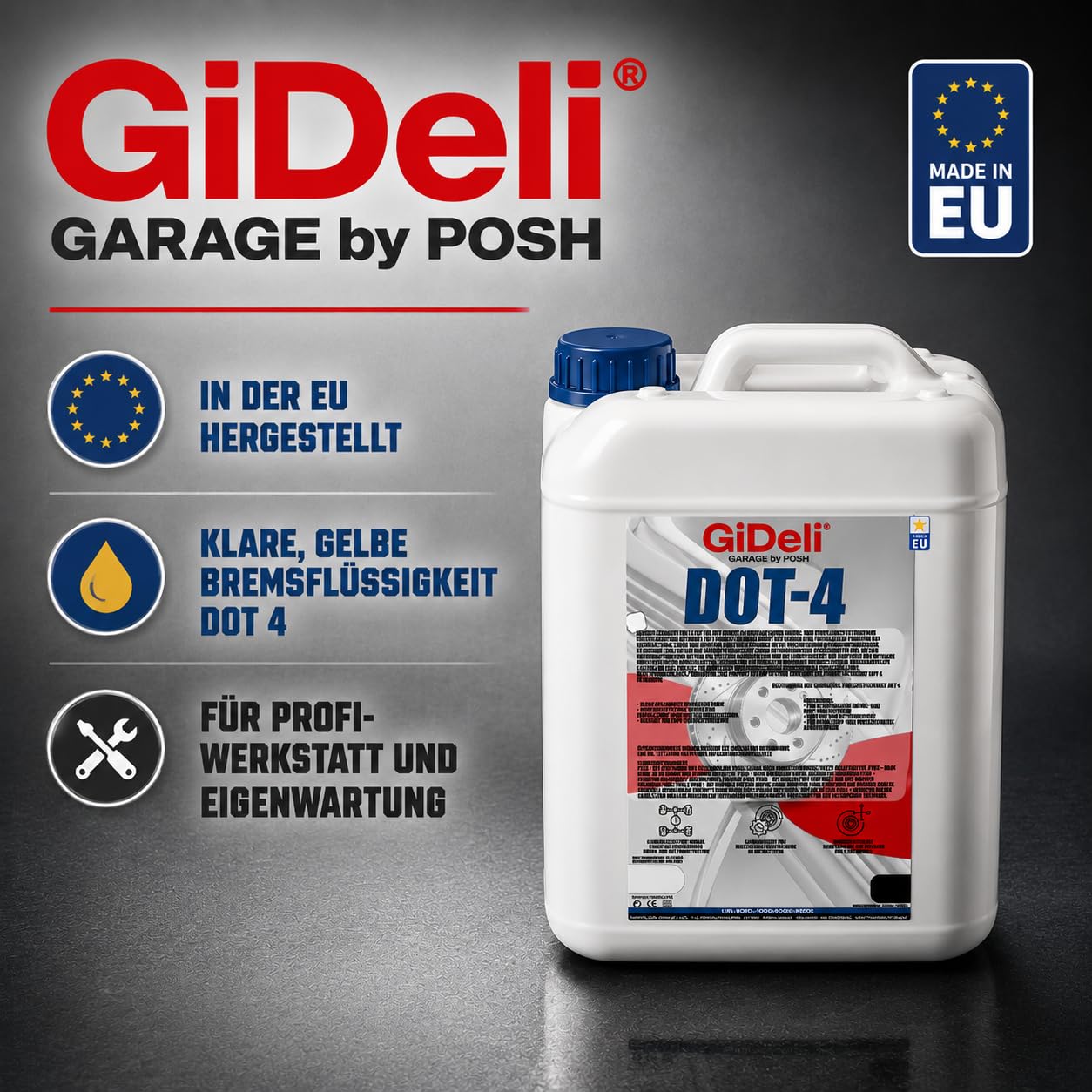GiDeli Bremsflüssigkeit DOT 4 10 L Kanister - Vorrat zum Abfüllen | für ABS und ESP, auch für Kupplungssysteme, straffer Druckpunkt am Pedal, schont Dichtungen, feste Zapfstelle im Regal