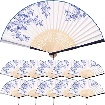 QIRMIZI 10 Pieces Handheld Fans, Silk Folding Fans, Floral Folding Fans for Birthday,Dancing, Cosplay, Weddings, Parties, and Events,Blue and White Porcelain
