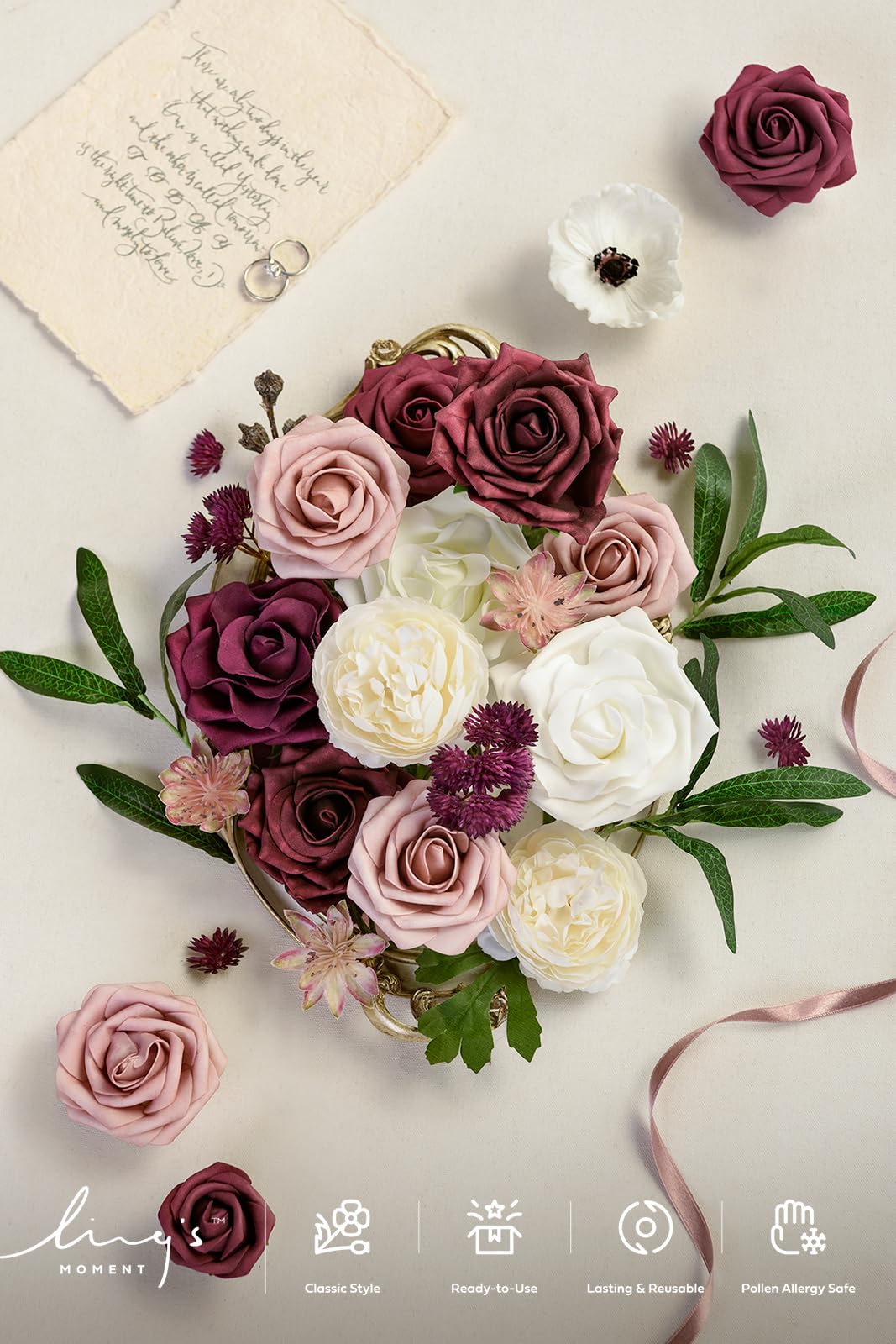 Ling's Moment Set Di Fiori Artificiali Rosa Per Bouquet Rustico - Eucalipto, Clematide, Foglie E Bacche