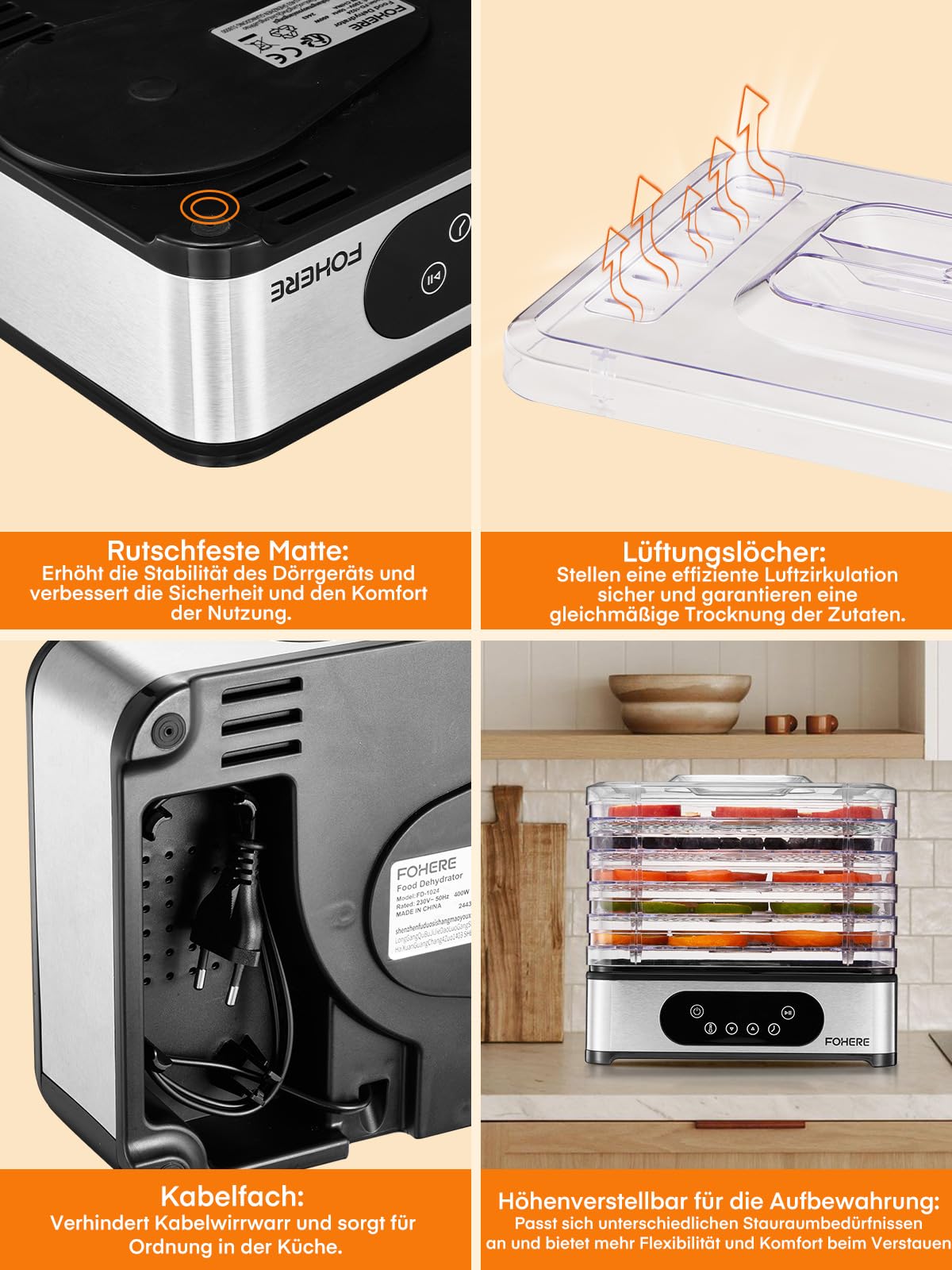FOHERE Dörrautomat Edelstahl, Dörrgerät mit 5 höhenverstellbaren Tabletts, LED-Anzeige, 420W, 35-70°C, 48h-Timer, für Lebensmittel, Pilze, Früchte, Fleisch, Fisch, Gemüse, BPA frei