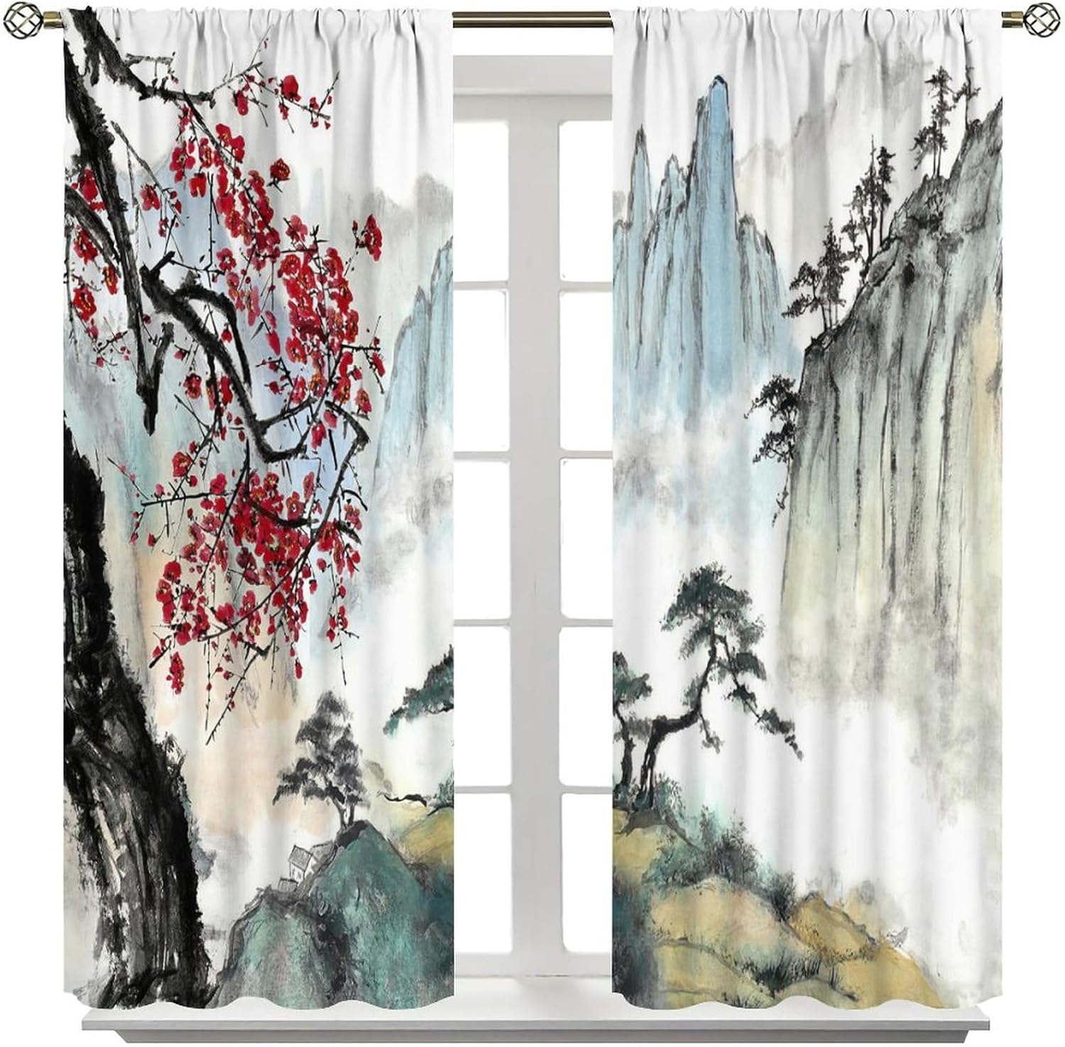 Ink Painting Blackout Curtains, Chinese Traditional Natural Mountain Landscape Art Print Decoration, Suitable for Bedroom Living Room Curtains42X45 Inch