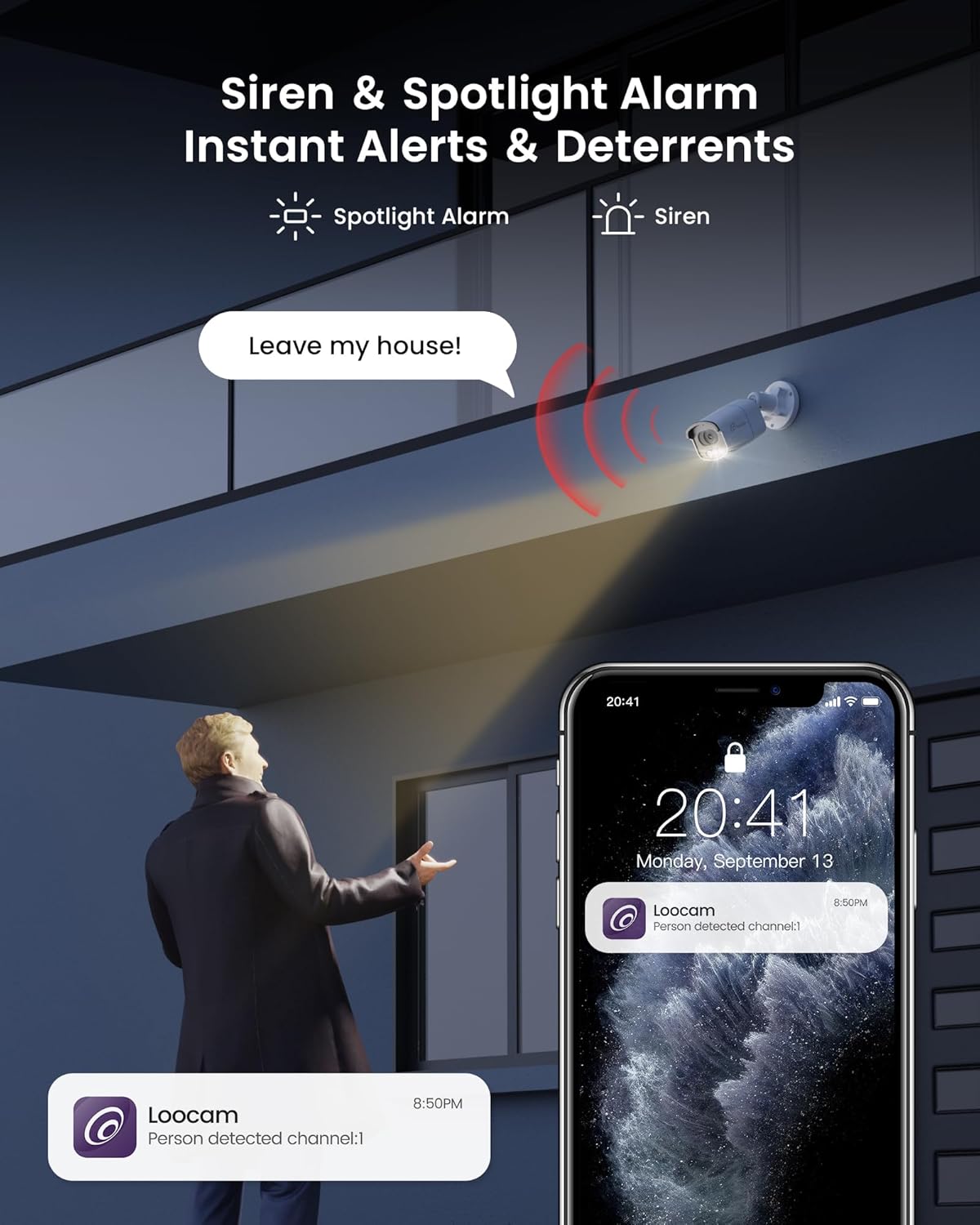 Security camera with spotlight and siren alarm activating, sending an app notification