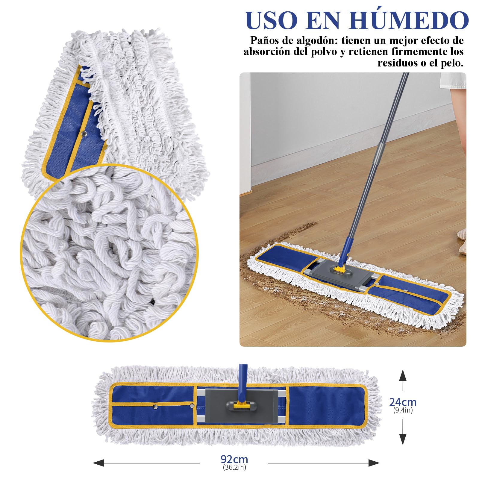 Masthome Juego de Mopa Profesional de 90 CM de Ancho, Fregona Profesional con Mango Alargado, Fregona Plana Industrial Ligera con Cabezal y 3 Almohadillas para Mopa, para Hotel, Centro Comercial