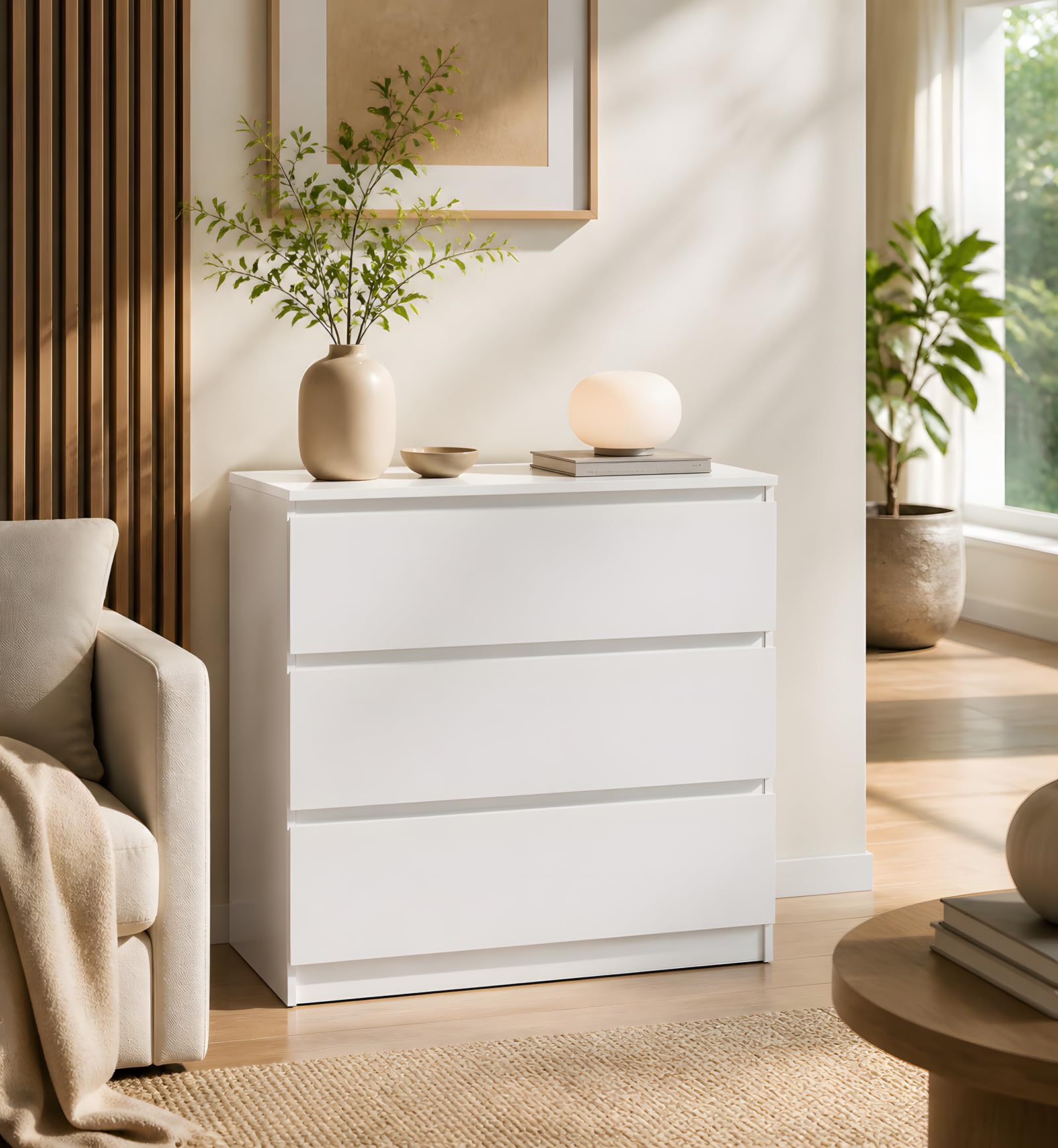 Cómoda Blanca sin Tiradores, Cajonera 70 cm Ancho, Moderno Aparador 3 Cajones para Dormitorio y Pasillo, Ahorro de Espacio 40 cm Fondo, Mate