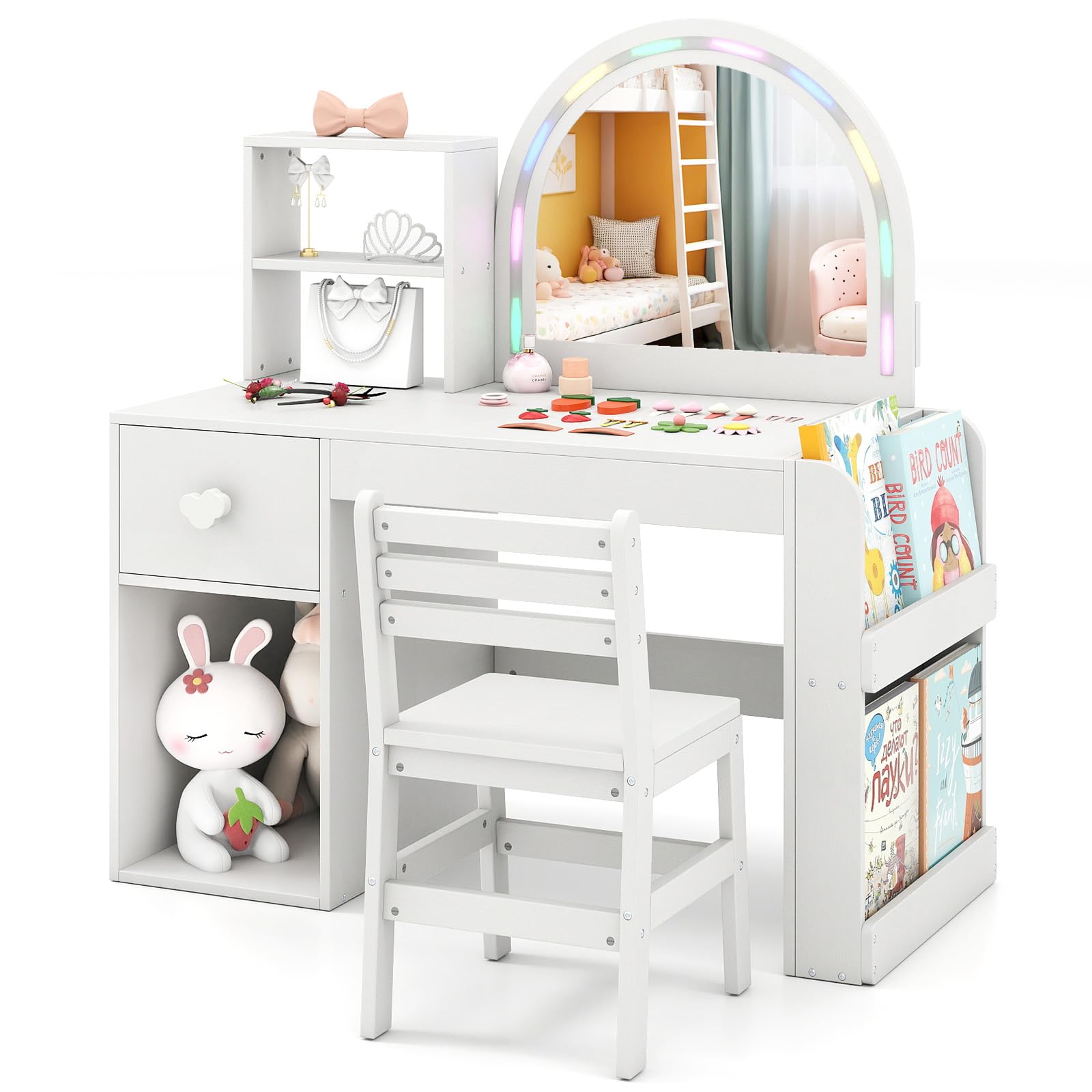 HONEY JOY Kids Vanity with Lights and Open Bookshelf, Princess Makeup Dressing Desk, Storage Cabinet, Wooden Pretend Play Toddler Vanity Table &amp; Chair Set with Lighted Mirror for Little Girls (White)